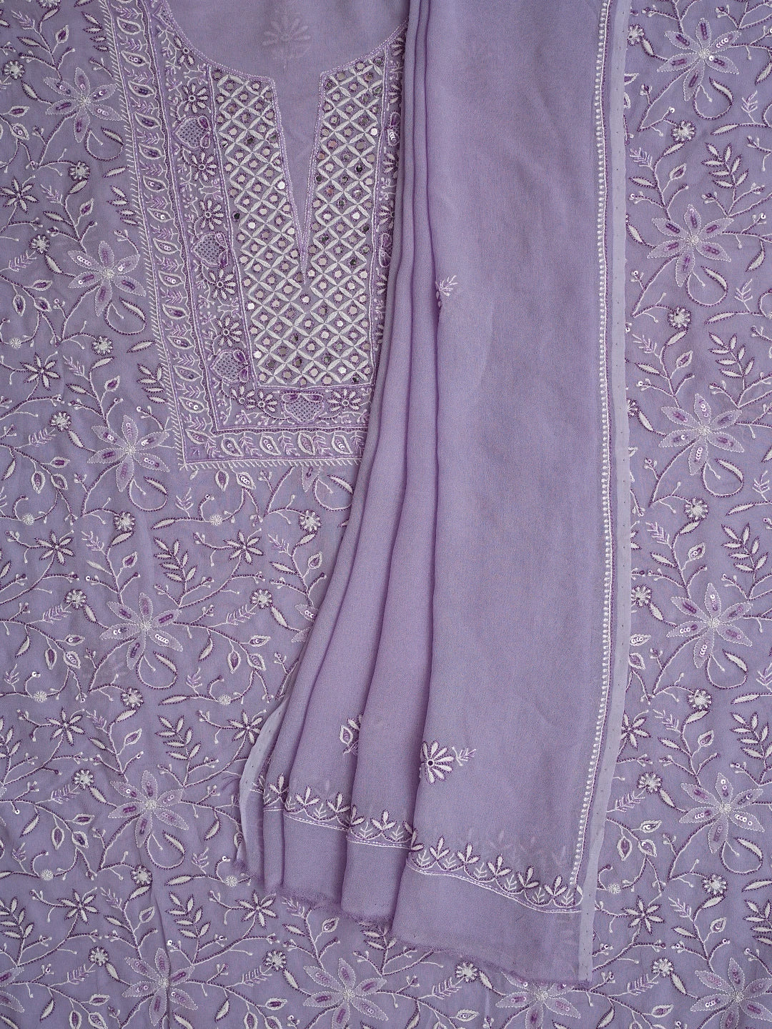 Ada Hand Embroidered Lavender Viscose Georgette Lucknowi Chikankari Unstitched Kurta Dupatta Set With Cutdana Work 01A805733