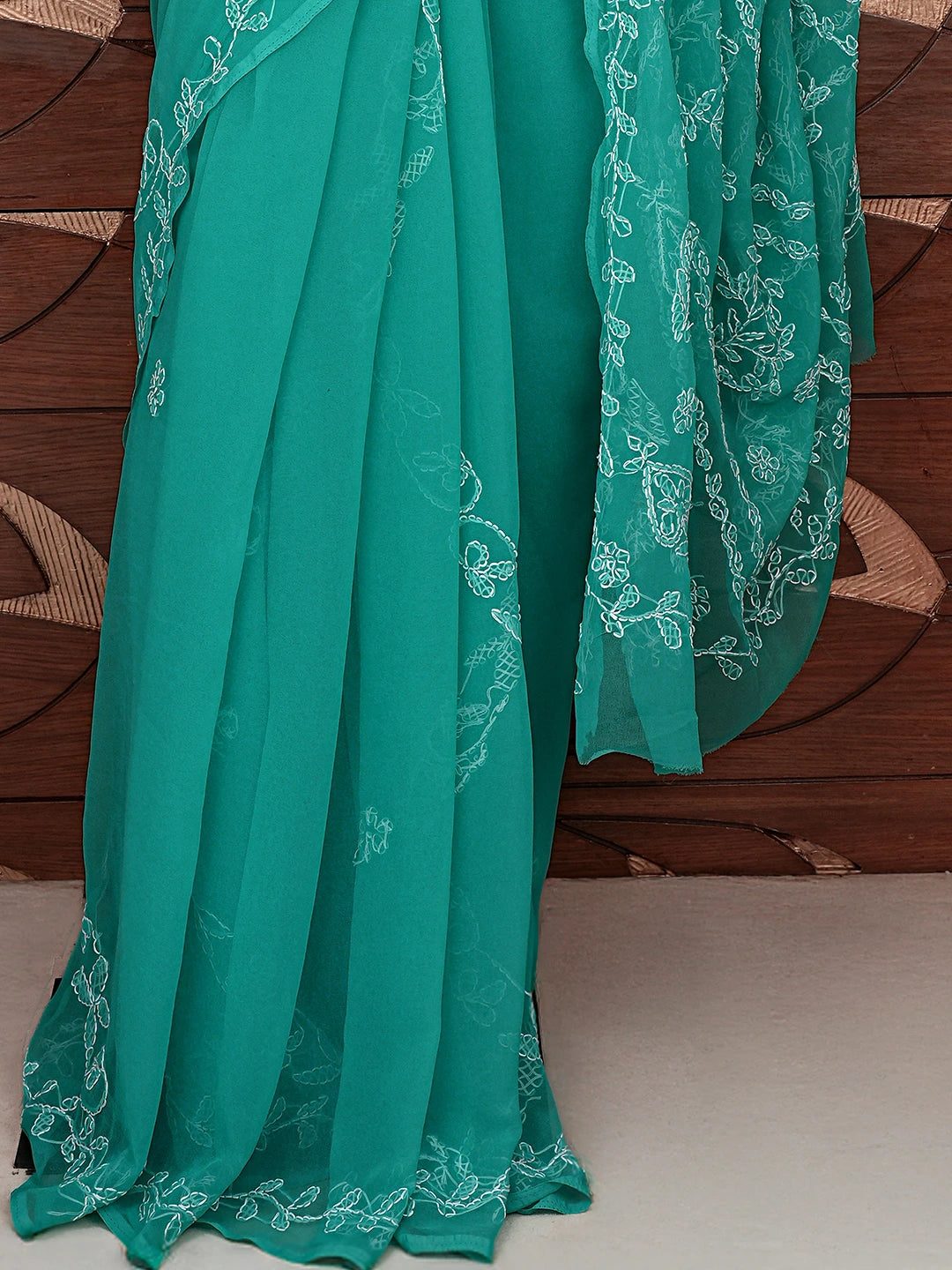 Ada Hand Embroidered Rama Green Georgette Lucknowi Chikankari Saree With Blouse 01A853809
