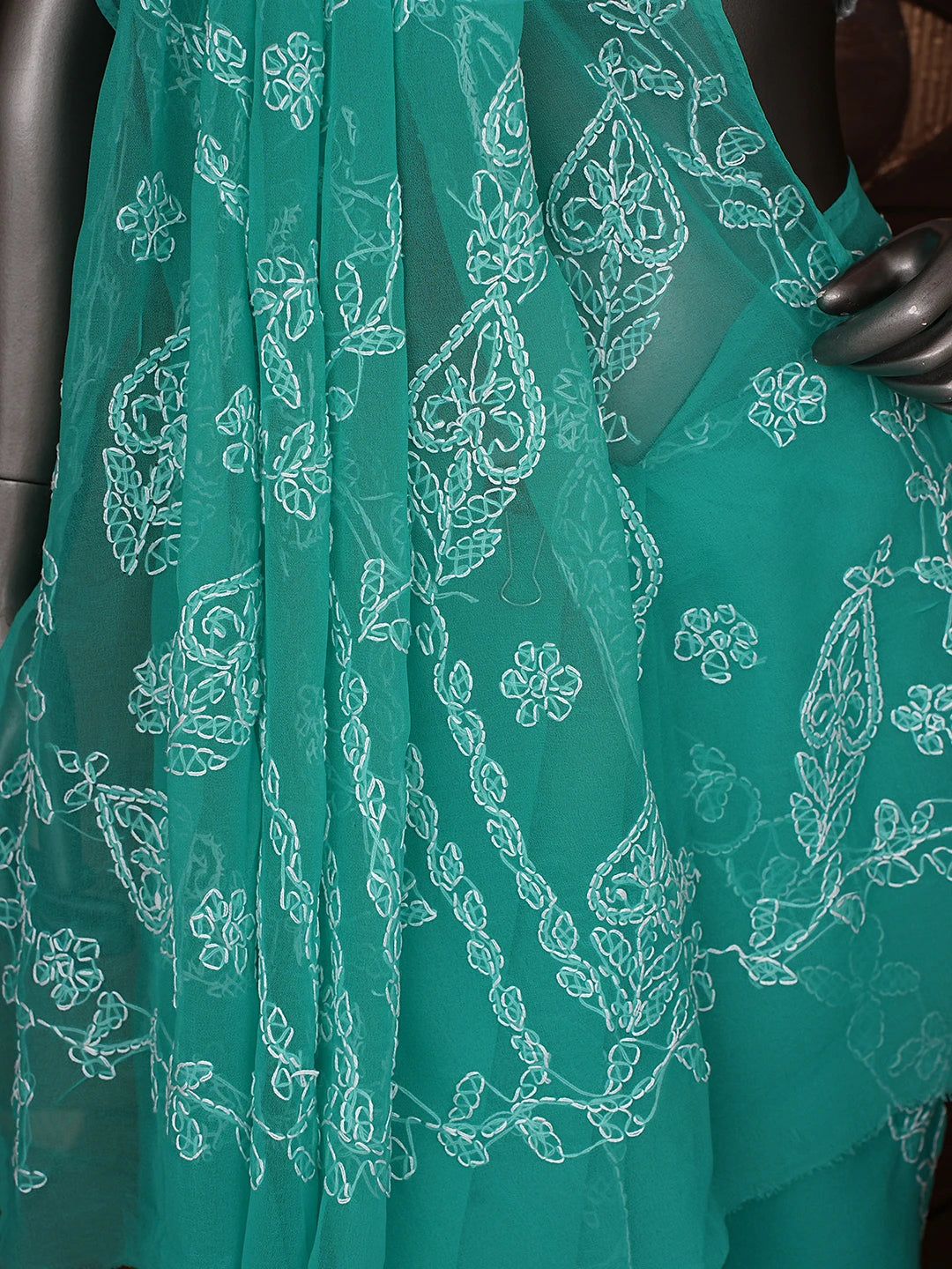 Ada Hand Embroidered Rama Green Georgette Lucknowi Chikankari Saree With Blouse 01A853809