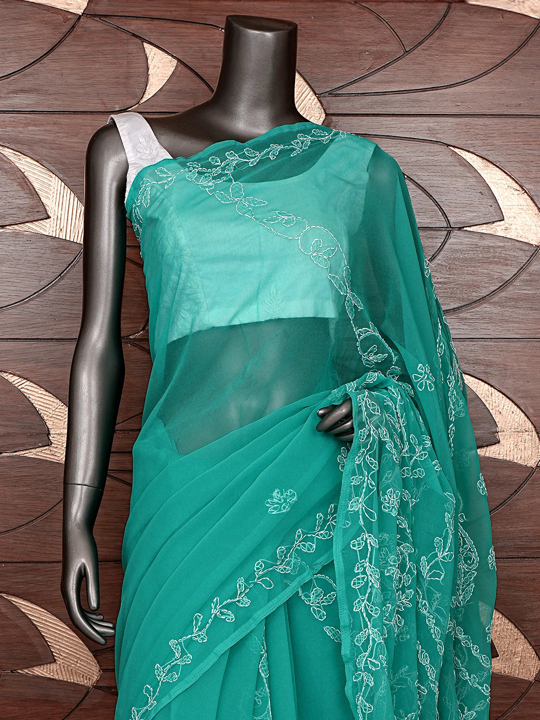 Ada Hand Embroidered Rama Green Georgette Lucknowi Chikankari Saree With Blouse 01A853809