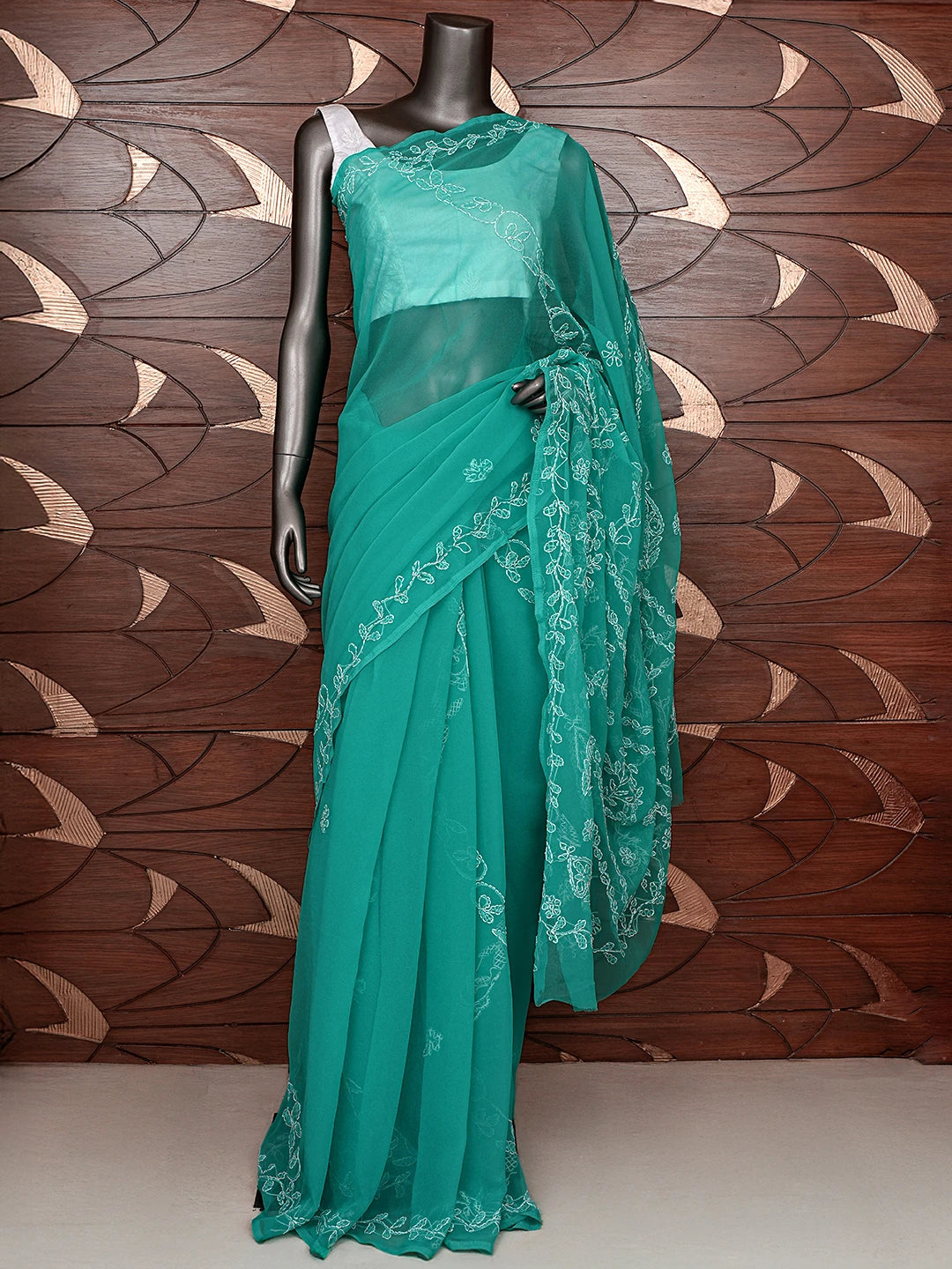 Ada Hand Embroidered Rama Green Georgette Lucknowi Chikankari Saree With Blouse 01A853809