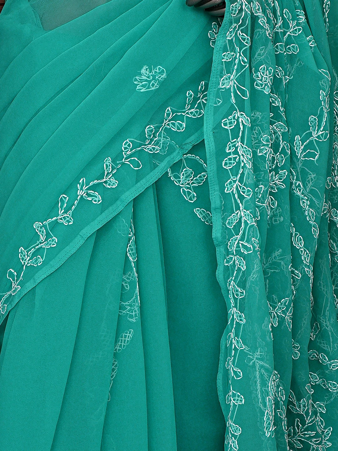 Ada Hand Embroidered Rama Green Georgette Lucknowi Chikankari Saree With Blouse 01A853809
