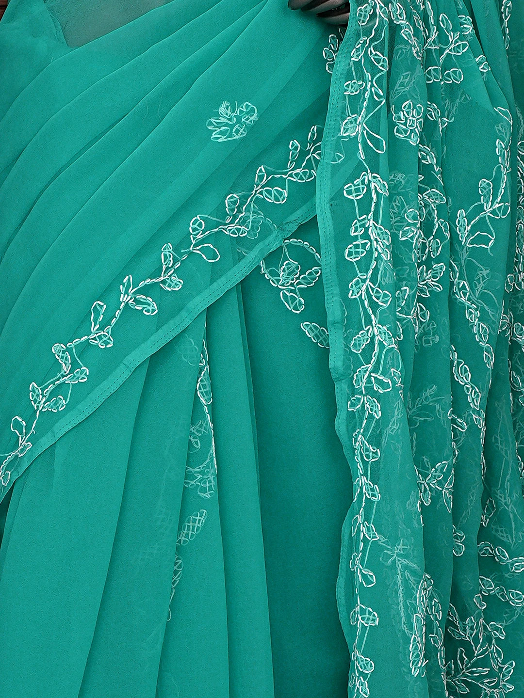 Ada Hand Embroidered Rama Green Georgette Lucknowi Chikankari Saree With Blouse 01A853809