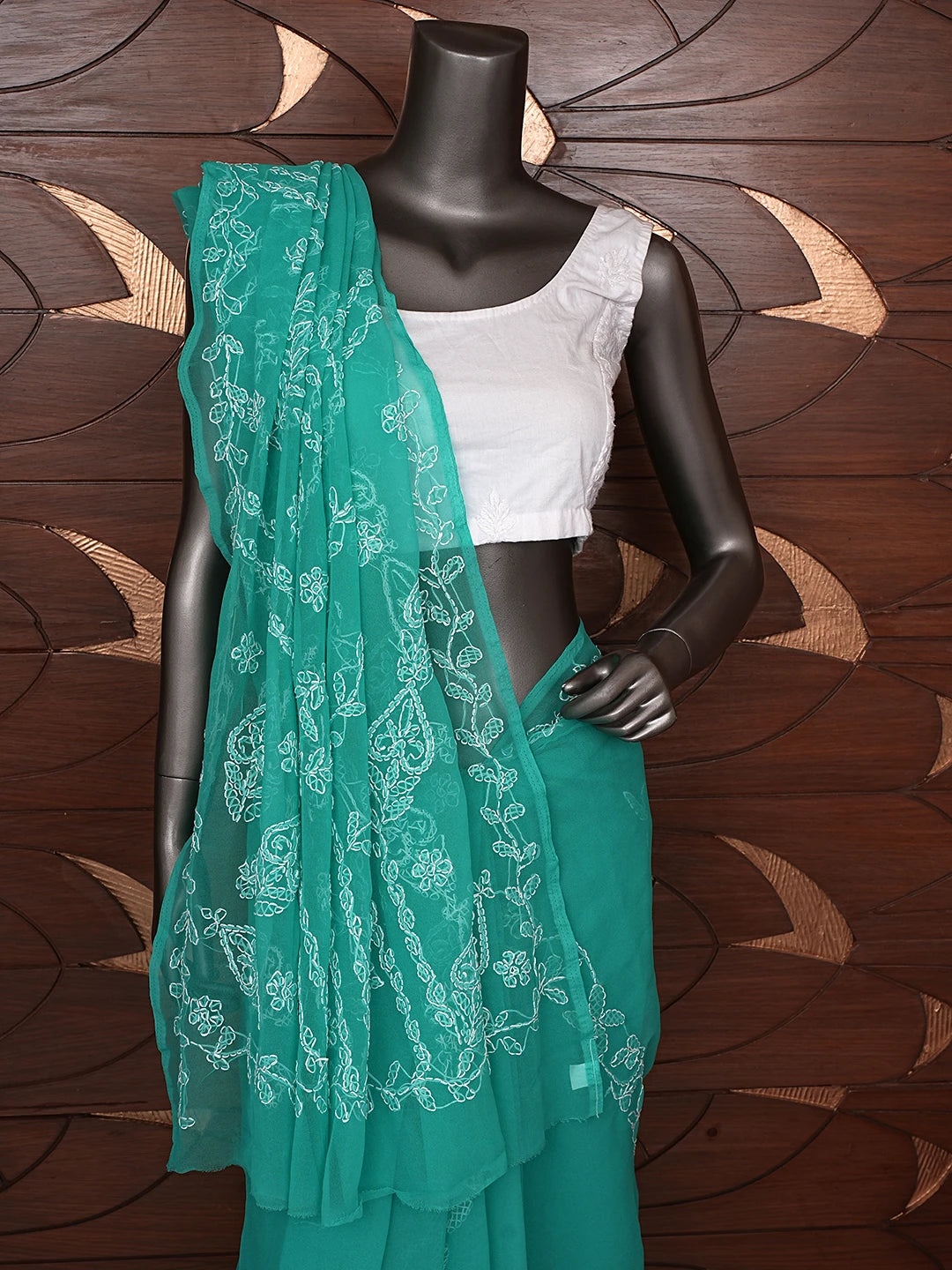 Ada Hand Embroidered Rama Green Georgette Lucknowi Chikankari Saree With Blouse 01A853809