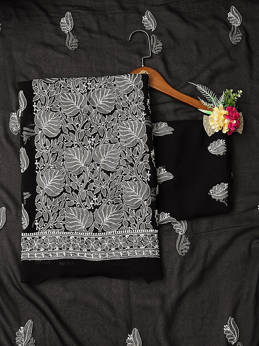 Ada Hand Embroidered Black Georgette Lucknowi Chikankari Unstitched Suit Piece 01A793567