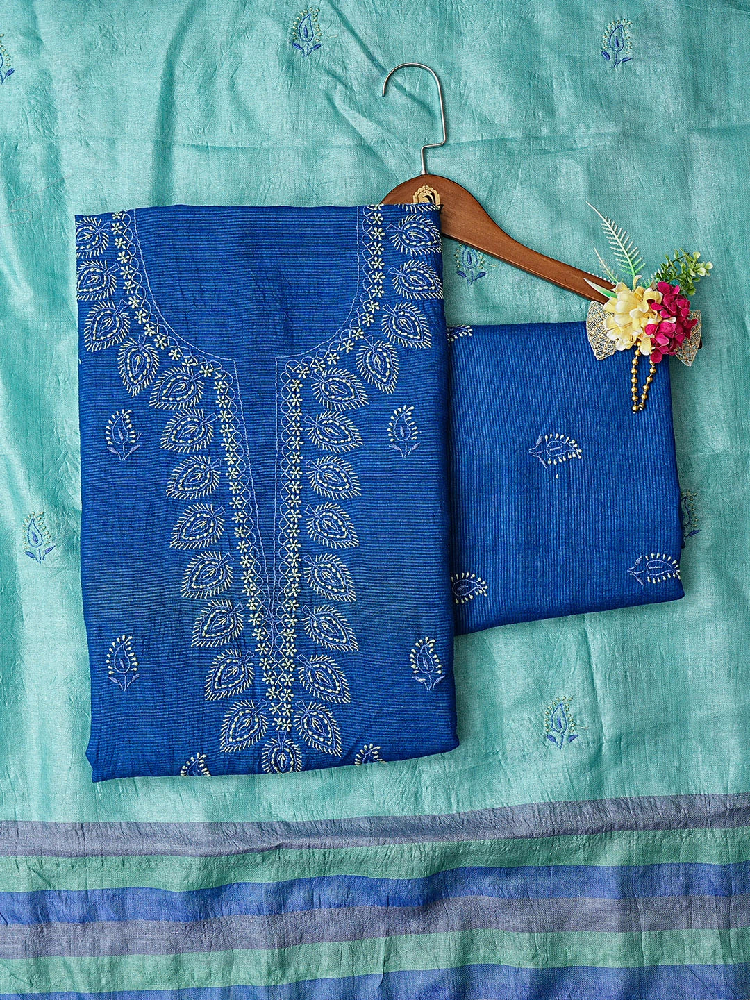 Ada Hand Embroidered Blue Silk Lucknowi Chikankari Unstitched Suit Piece 01A528490