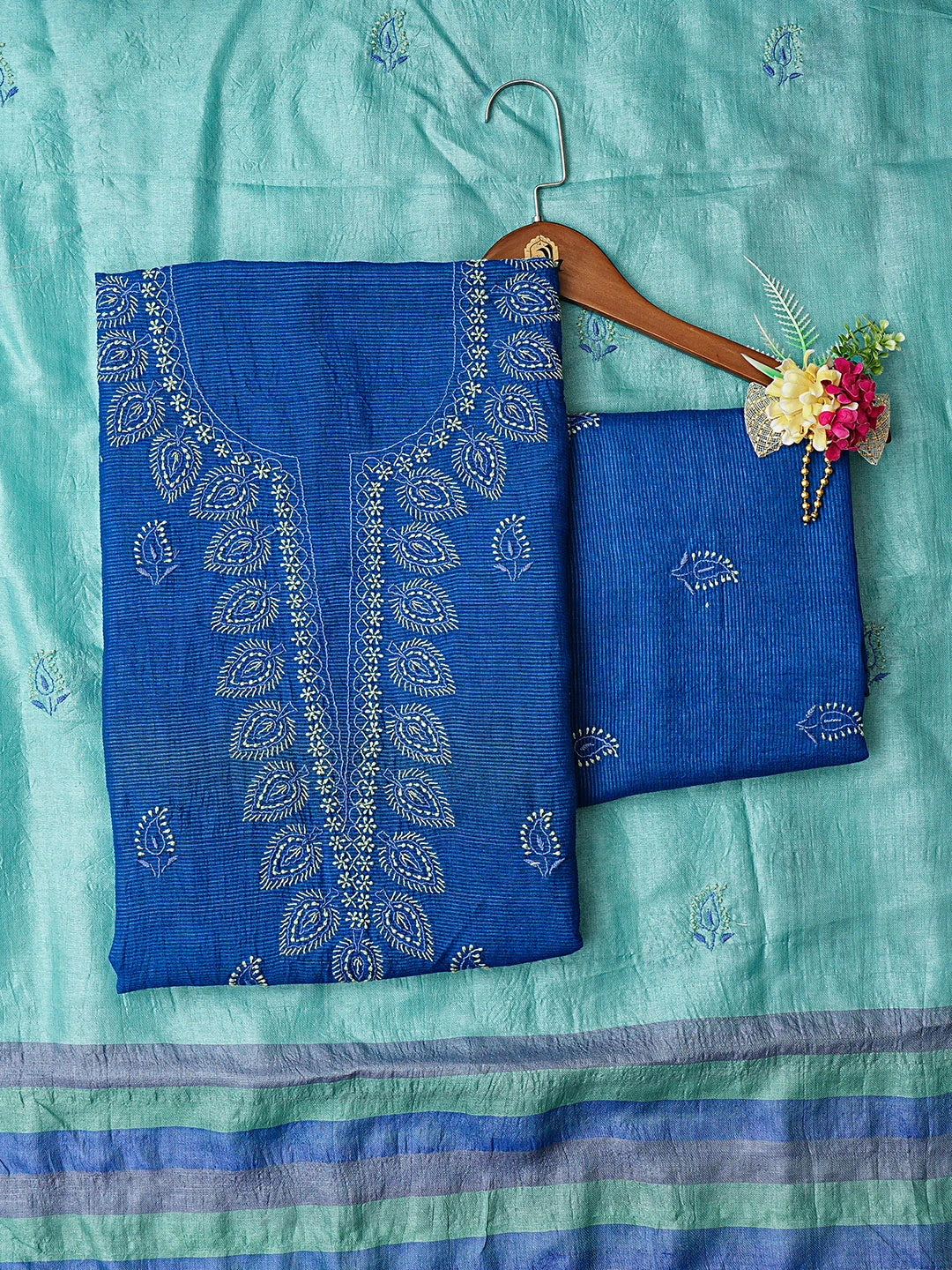 Ada Hand Embroidered Blue Silk Lucknowi Chikankari Unstitched Suit Piece 01A528490