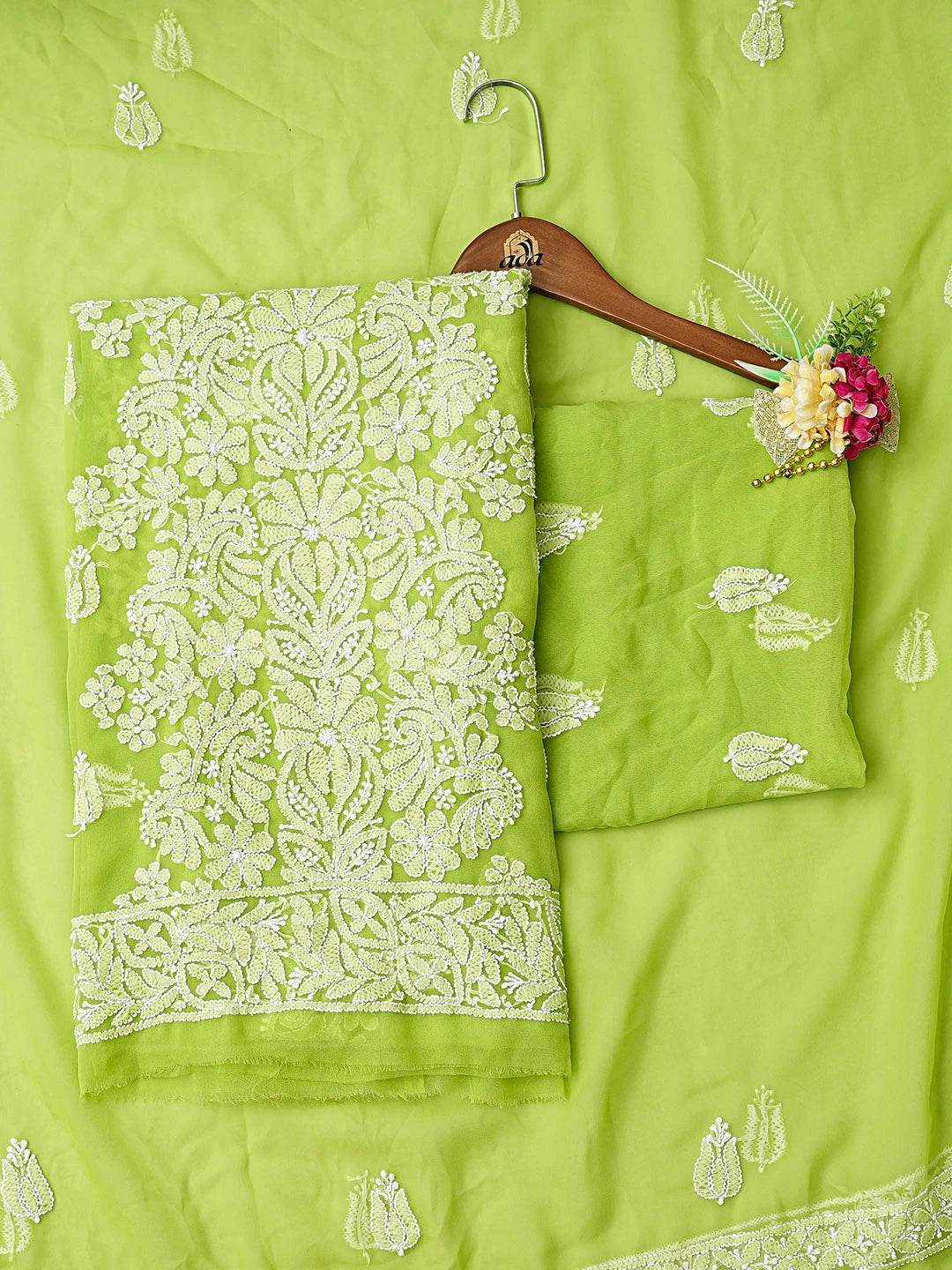 Ada Hand Embroidered Lime Green Georgette Lucknowi Chikankari Unstitched Suit Piece 01A793443