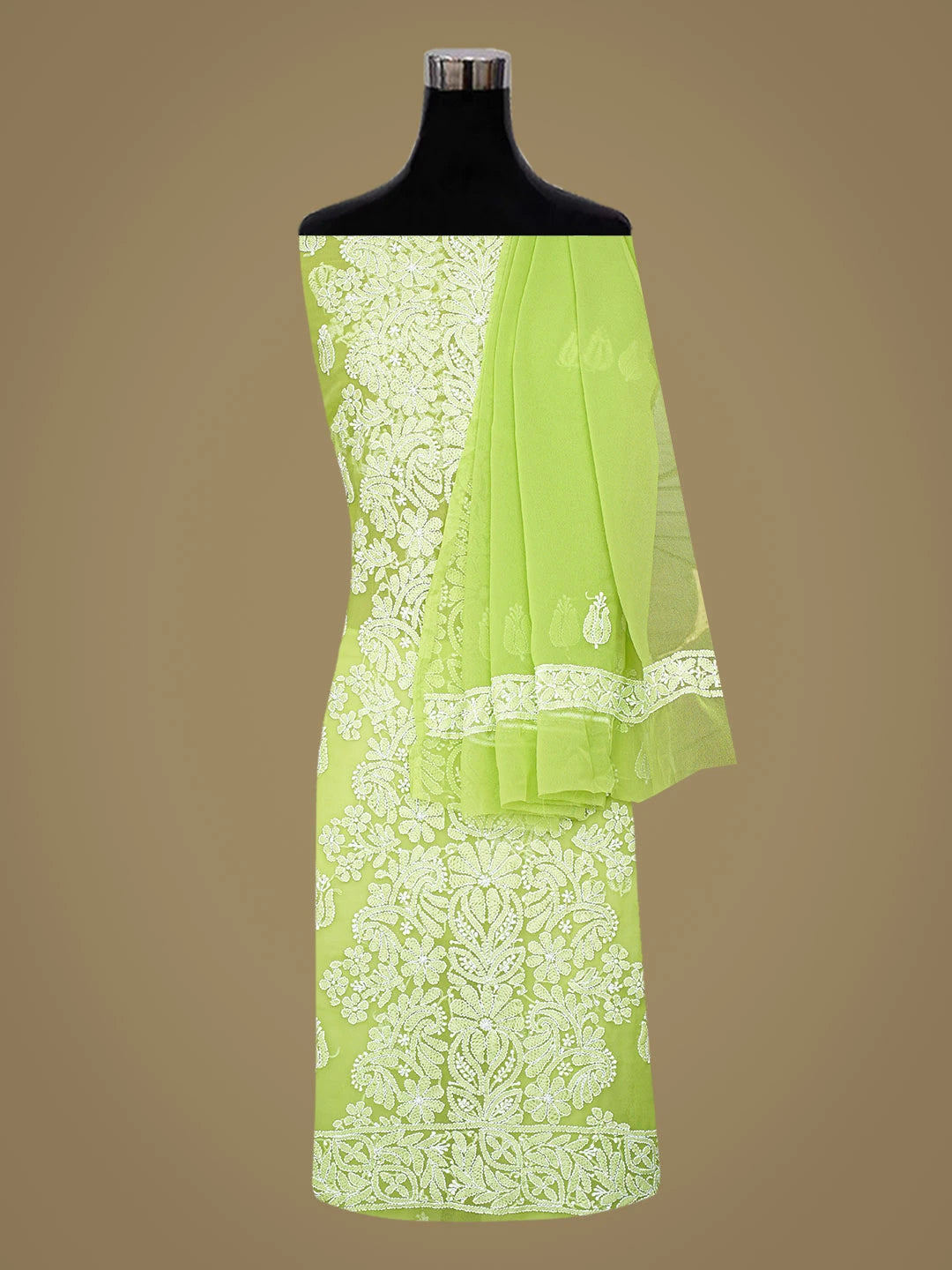 Ada Hand Embroidered Lime Green Georgette Lucknowi Chikankari Unstitched Suit Piece 01A793443