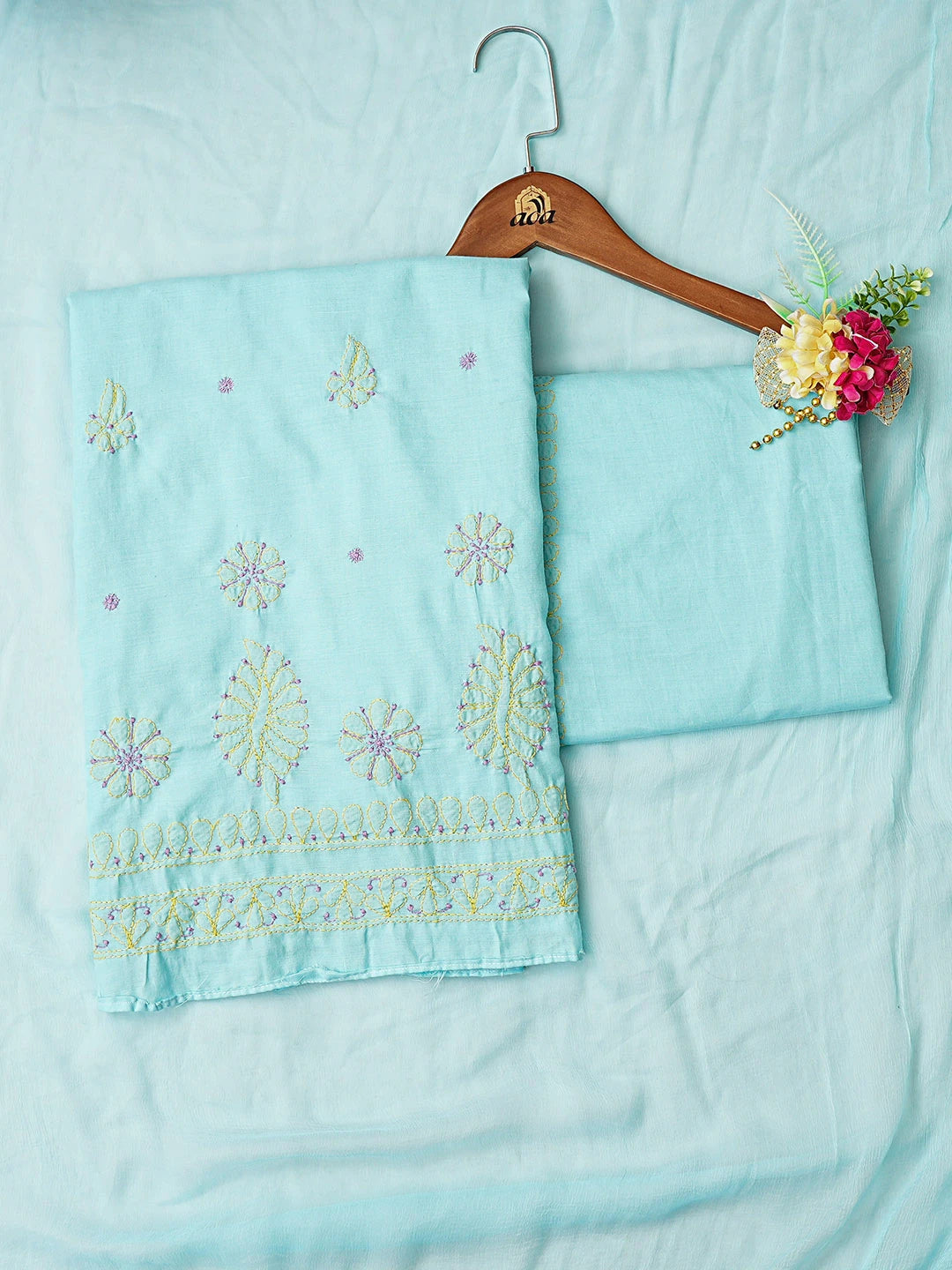 Ada Hand Embroidered Blue Cotton Lucknowi Chikankari Unstitched Suit Piece 01A780199