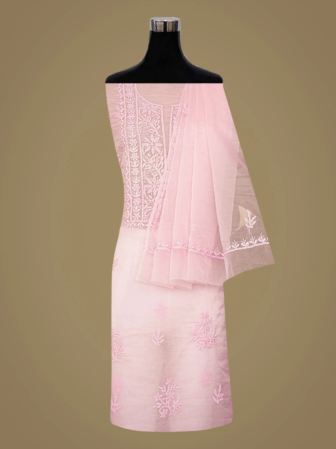 Ada Hand Embroidered Pink Organza Lucknowi Chikankari Unstitched Kurta Dupatta Set 01A810567