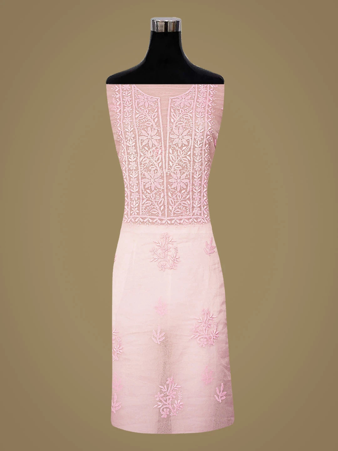 Ada Hand Embroidered Pink Organza Lucknowi Chikankari Unstitched Kurta Dupatta Set 01A810567