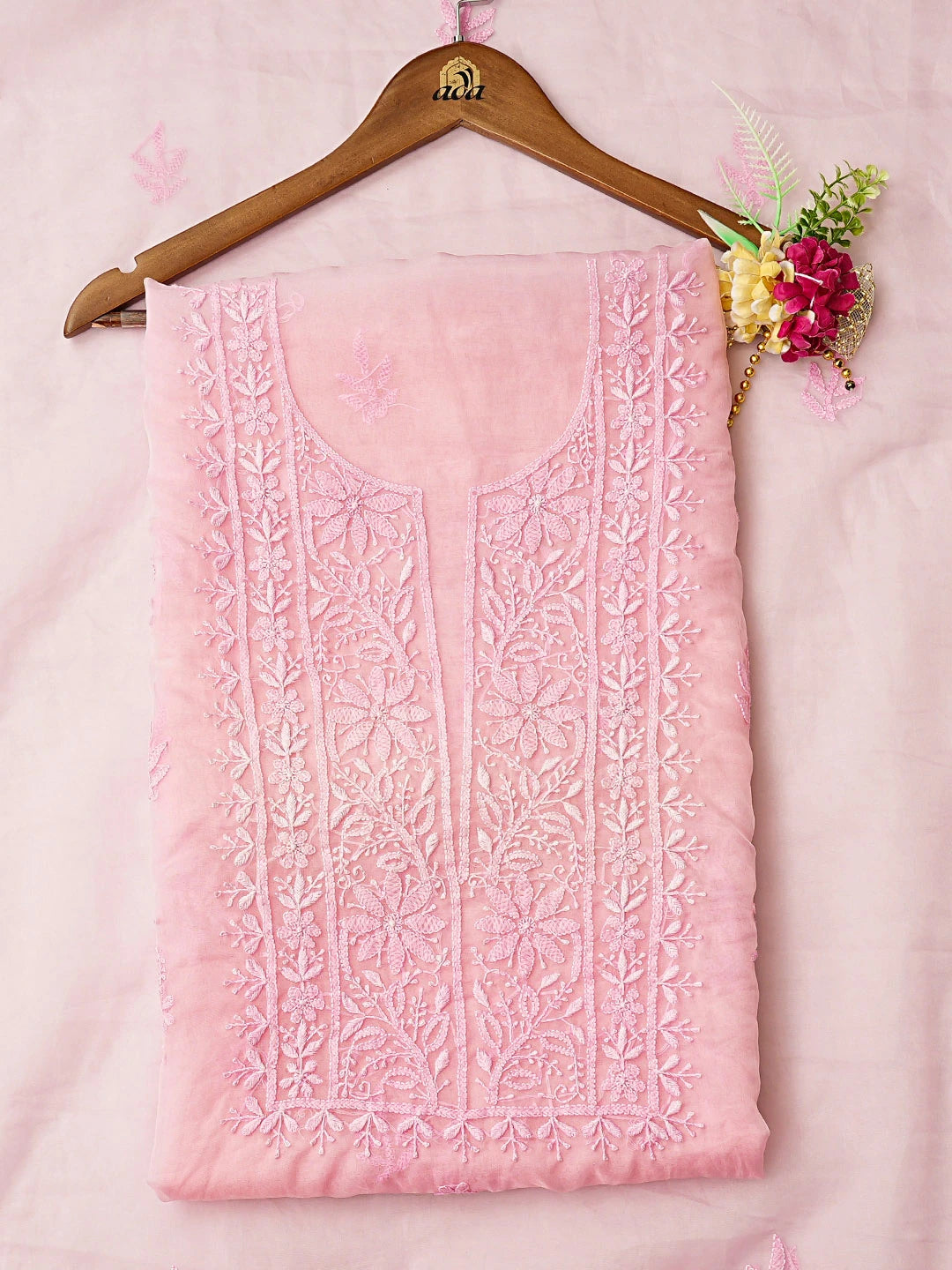 Ada Hand Embroidered Pink Organza Lucknowi Chikankari Unstitched Kurta Dupatta Set 01A810567