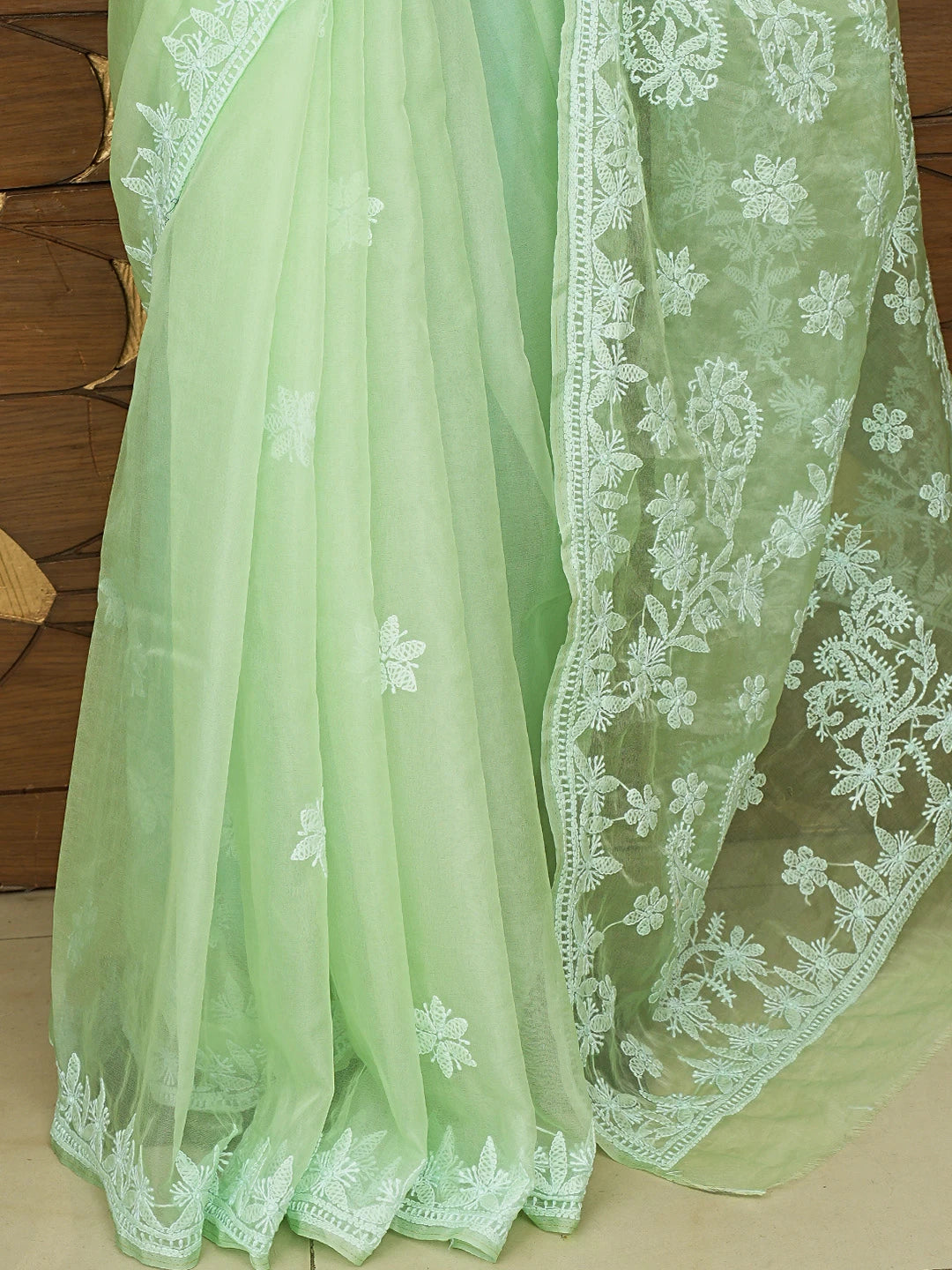 Ada Hand Embroidered Mint Green Organza Lucknowi Chikankari Saree With Blouse 01A794133