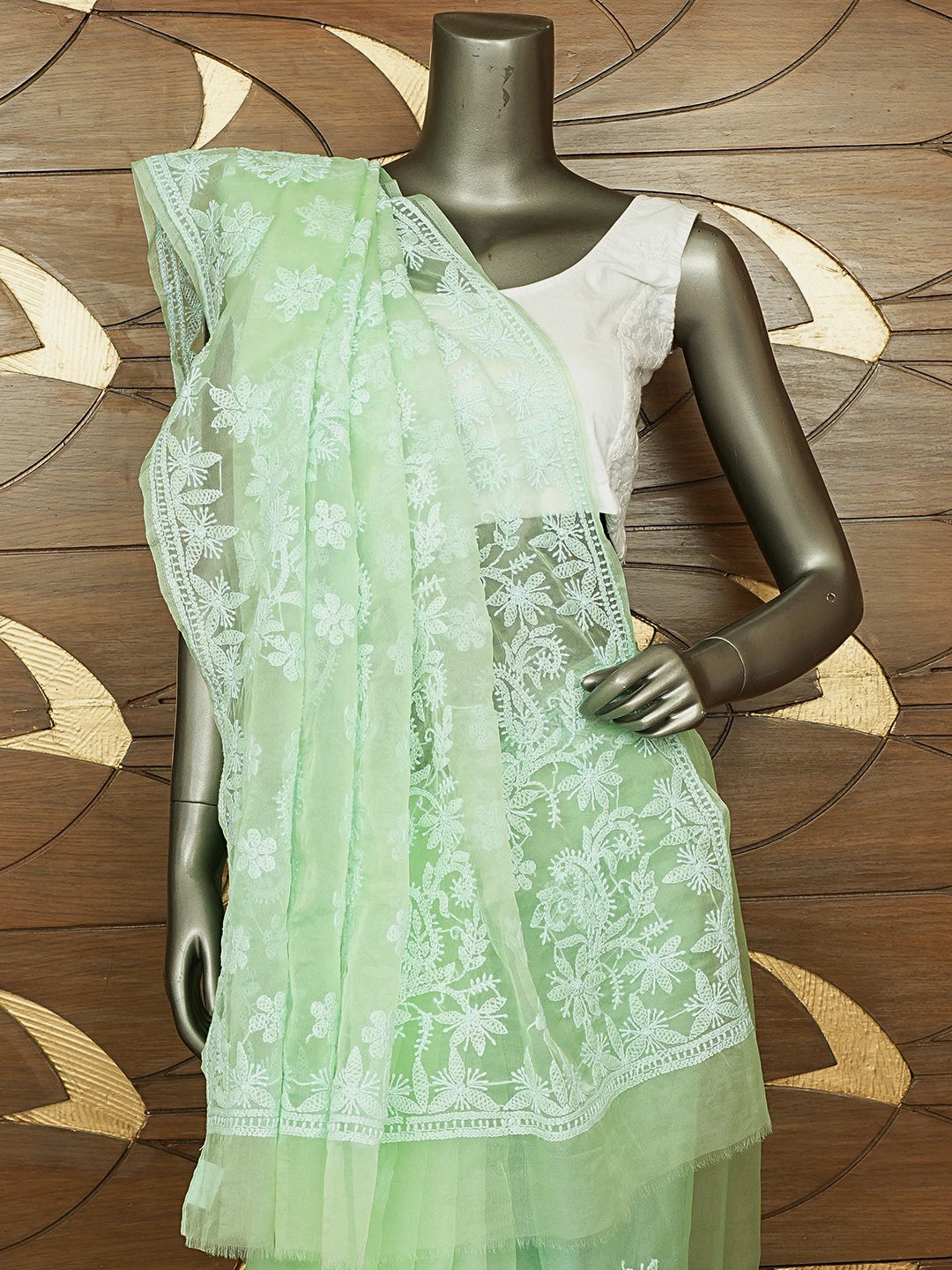 Ada Hand Embroidered Mint Green Organza Lucknowi Chikankari Saree With Blouse 01A794133