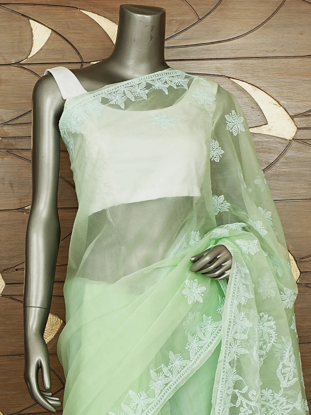 Ada Hand Embroidered Mint Green Organza Lucknowi Chikankari Saree With Blouse 01A794133