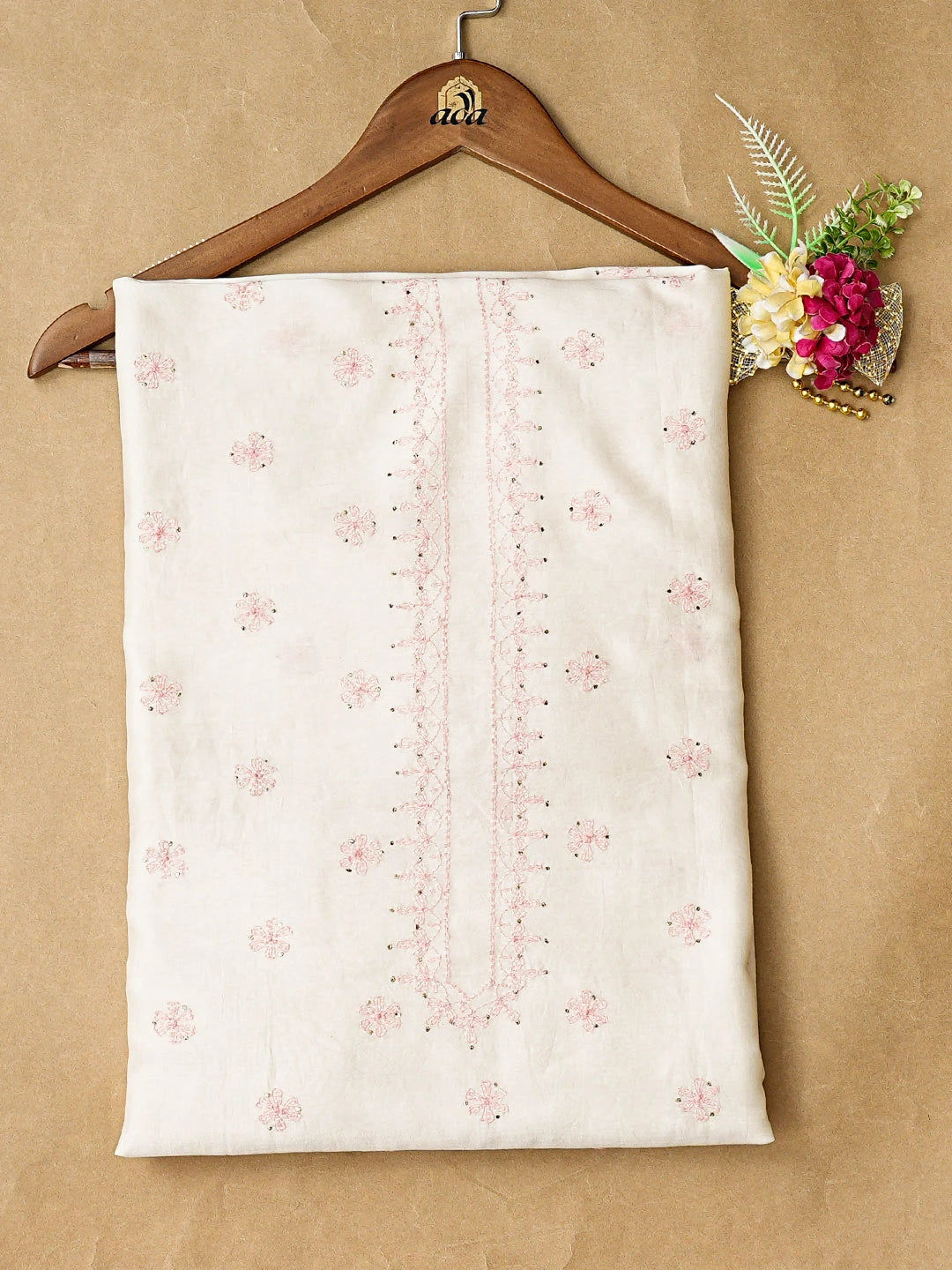 Ada Hand Embroidered White Chanderi Lucknowi Chikankari Unstitched Kurta Piece With Mukaish Work A411280A