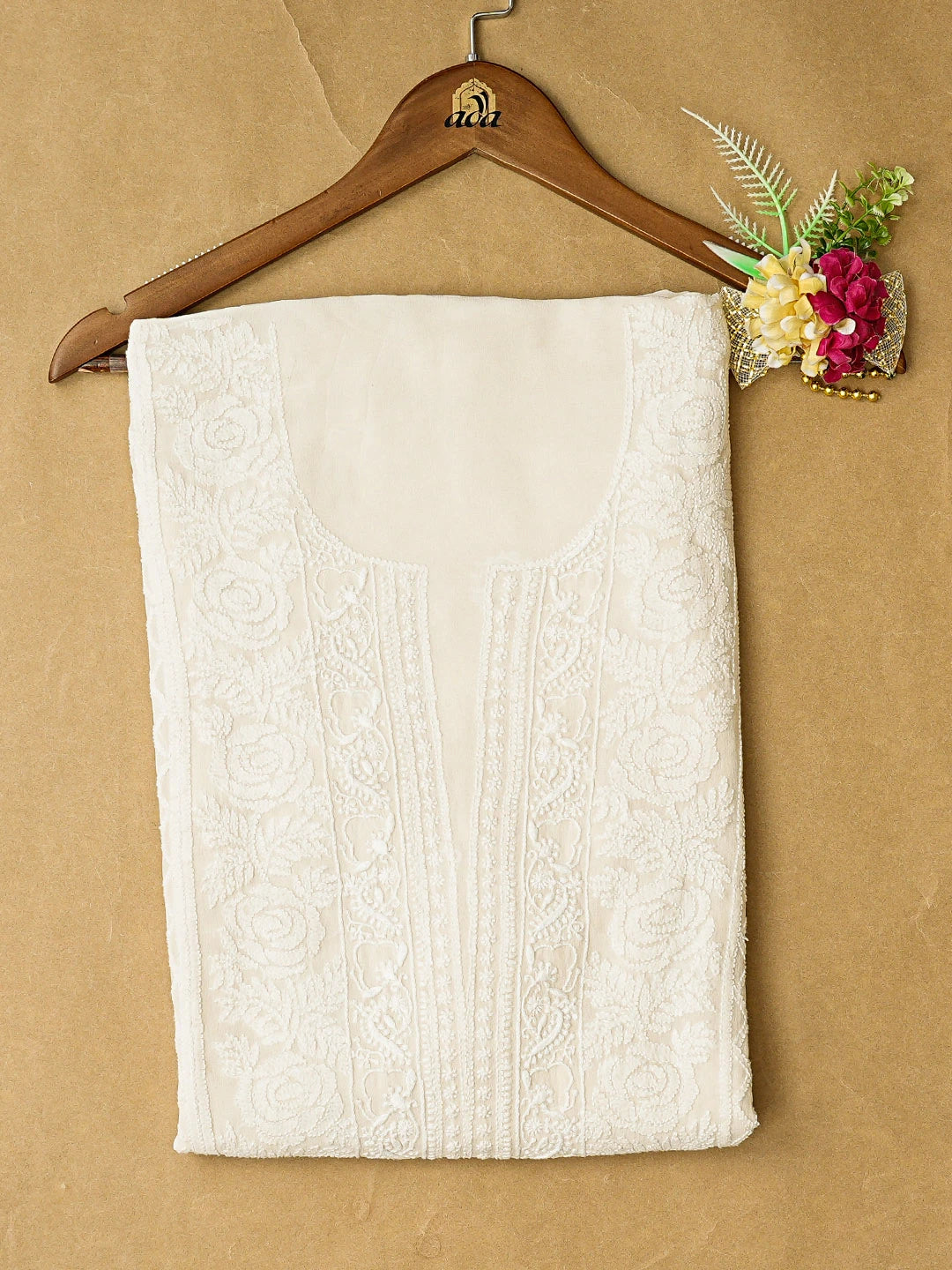 Ada Hand Embroidered White Pure Georgette Lucknowi Chikankari Unstitched Kurta Piece 01A462030