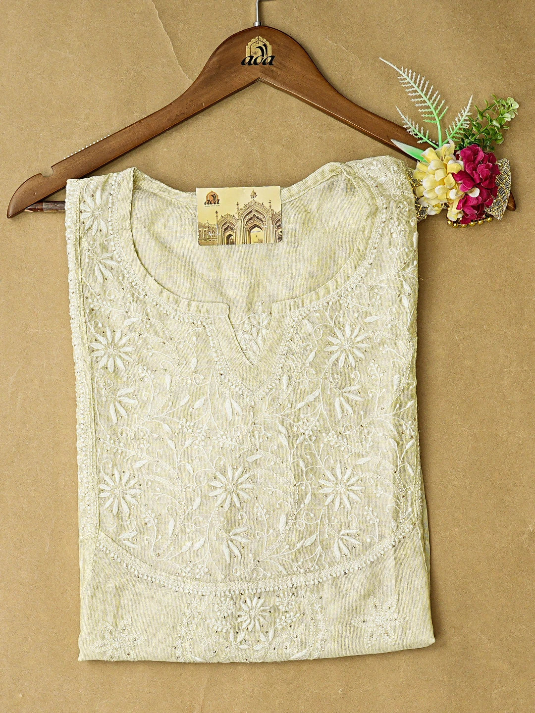 Ada Hand Embroidered Lemon Tissue Lucknowi Chikankari Semi-Stitched Kurta Piece With Mukaish Work 01A491182