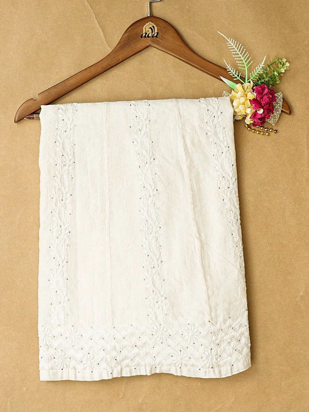 Ada Hand Embroidered White Chanderi Lucknowi Chikankari Semi-Stitched Kurta Piece With Mukaish Work 01A397686