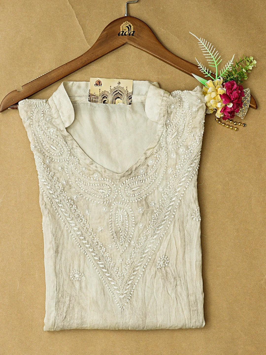 Ada Hand Embroidered Grey Chanderi Lucknowi Chikankari Semi-Stitched Kurta Piece 01A852797