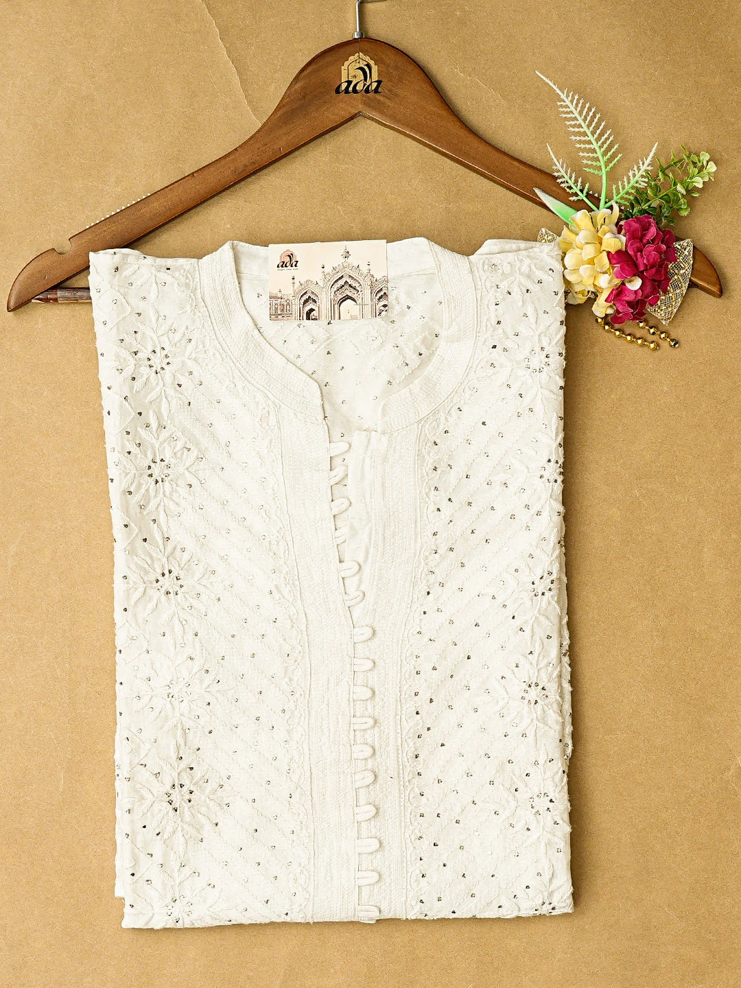 Ada Hand Embroidered White Chanderi Lucknowi Chikankari Semi-Stitched Kurta Piece With Mukaish Work A577389