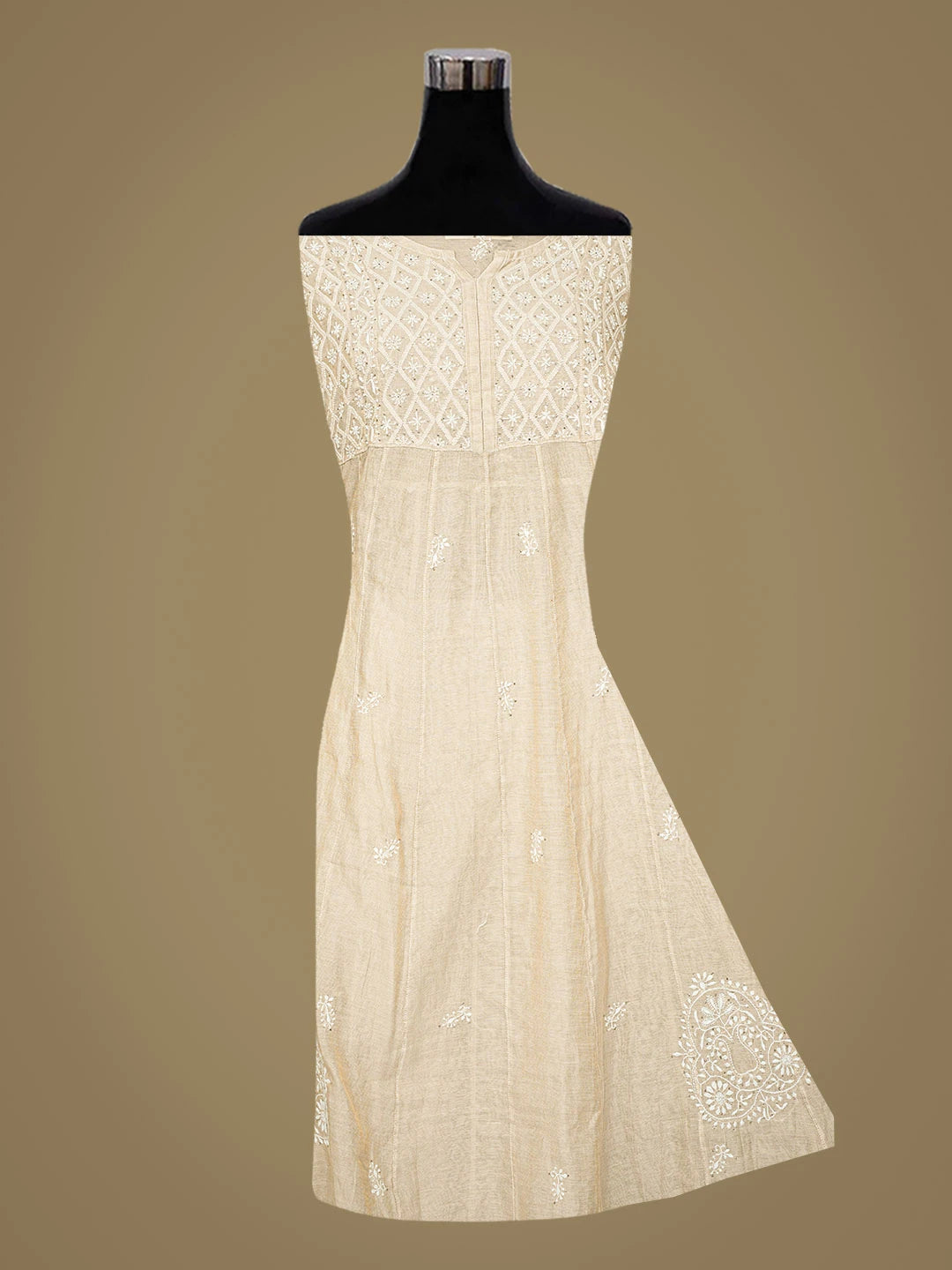 Ada Hand Embroidered Fawn Tissue Lucknowi Chikankari Semi-Stitched Kurta Piece With Mukaish Work 01A397692