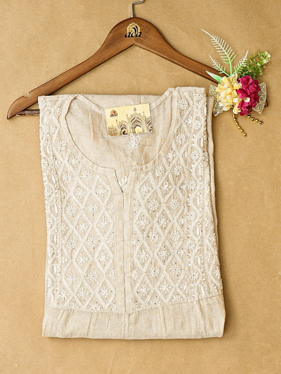 Ada Hand Embroidered Fawn Tissue Lucknowi Chikankari Semi-Stitched Kurta Piece With Mukaish Work 01A397692