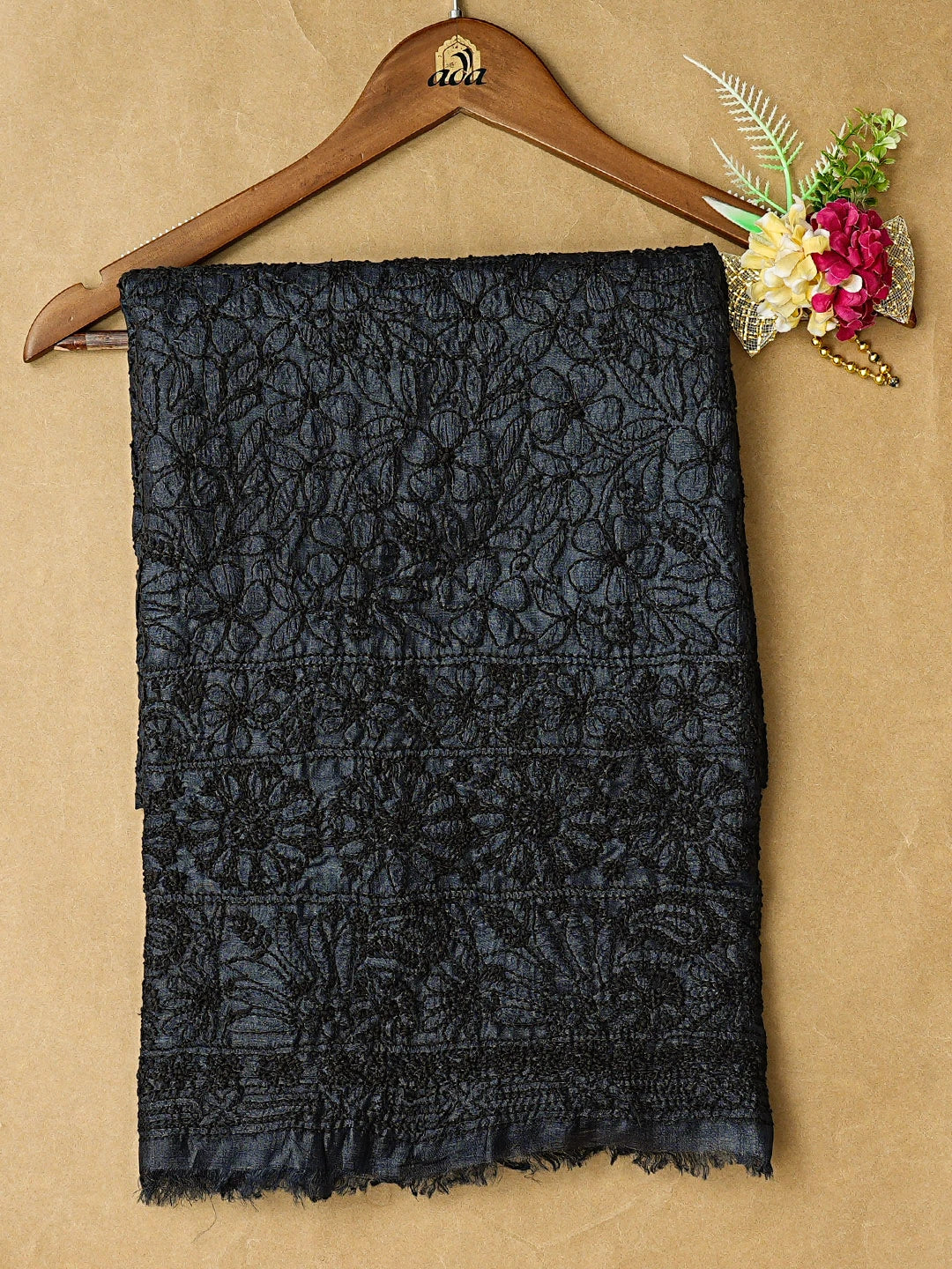Ada Hand Embroidered Black Tussar Silk Lucknowi Chikankari Unstitched Kurta Piece 01A769169