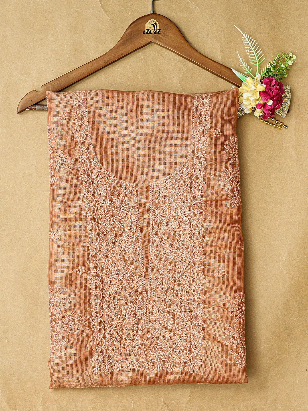 Ada Hand Embroidered Fawn Tissue Lucknowi Chikankari Unstitched Kurta Piece 01A783175