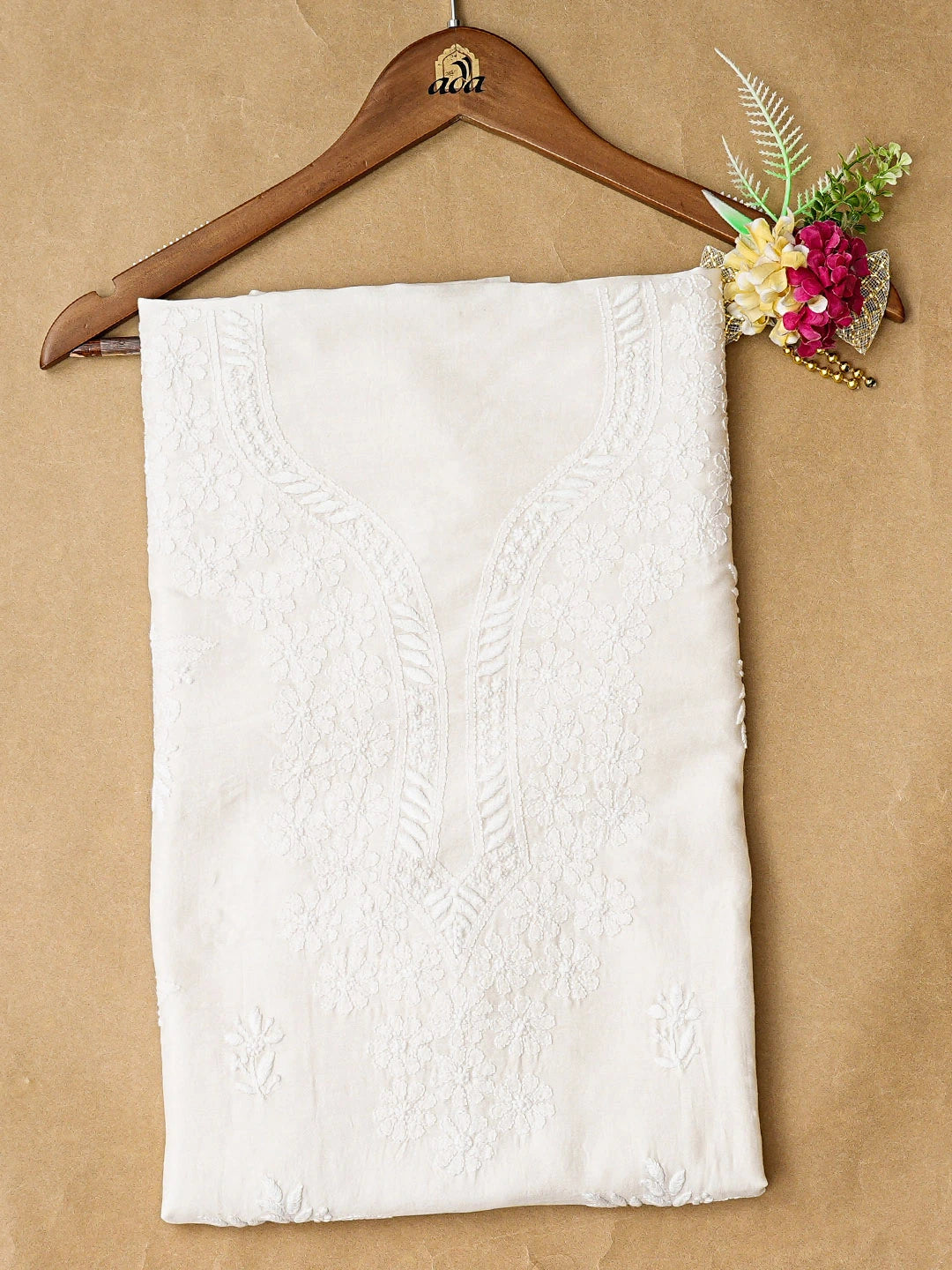Ada Hand Embroidered White Chanderi Lucknowi Chikankari Unstitched Kurta Piece 01A784962