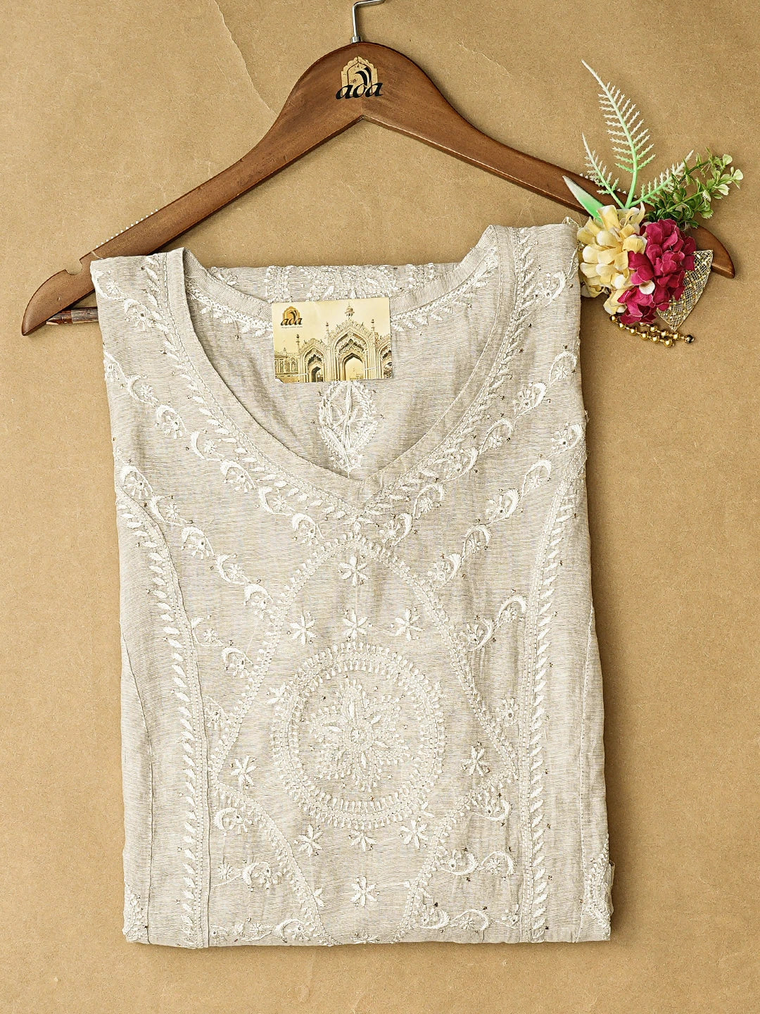 Ada Hand Embroidered Grey Tissue Lucknowi Chikankari Semi-Stitched Kurta Piece With Mukaish Work 01A479316