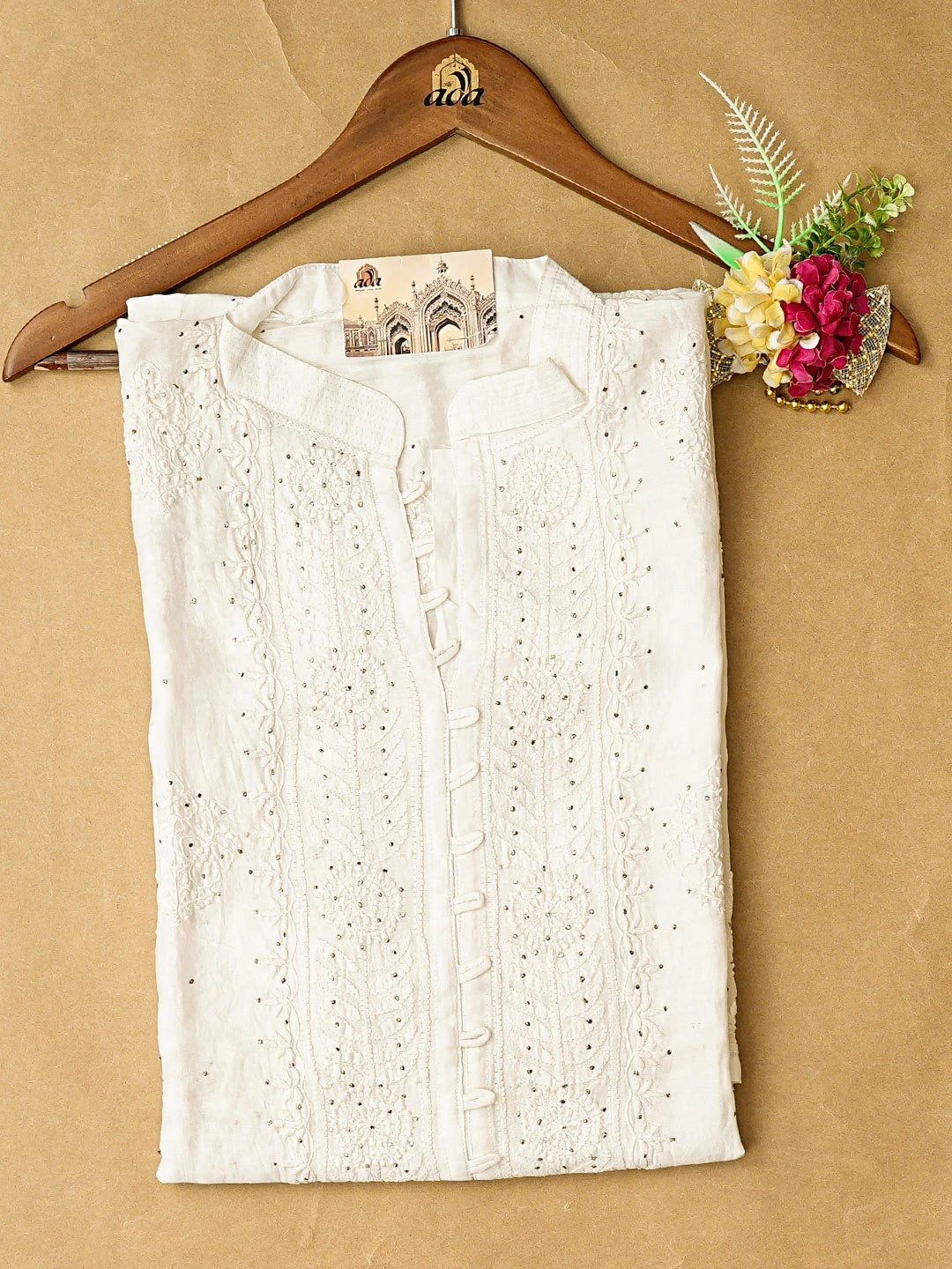 Ada Hand Embroidered White Chanderi Lucknowi Chikankari Semi-Stitched Kurta Piece With Mukaish Work A595345