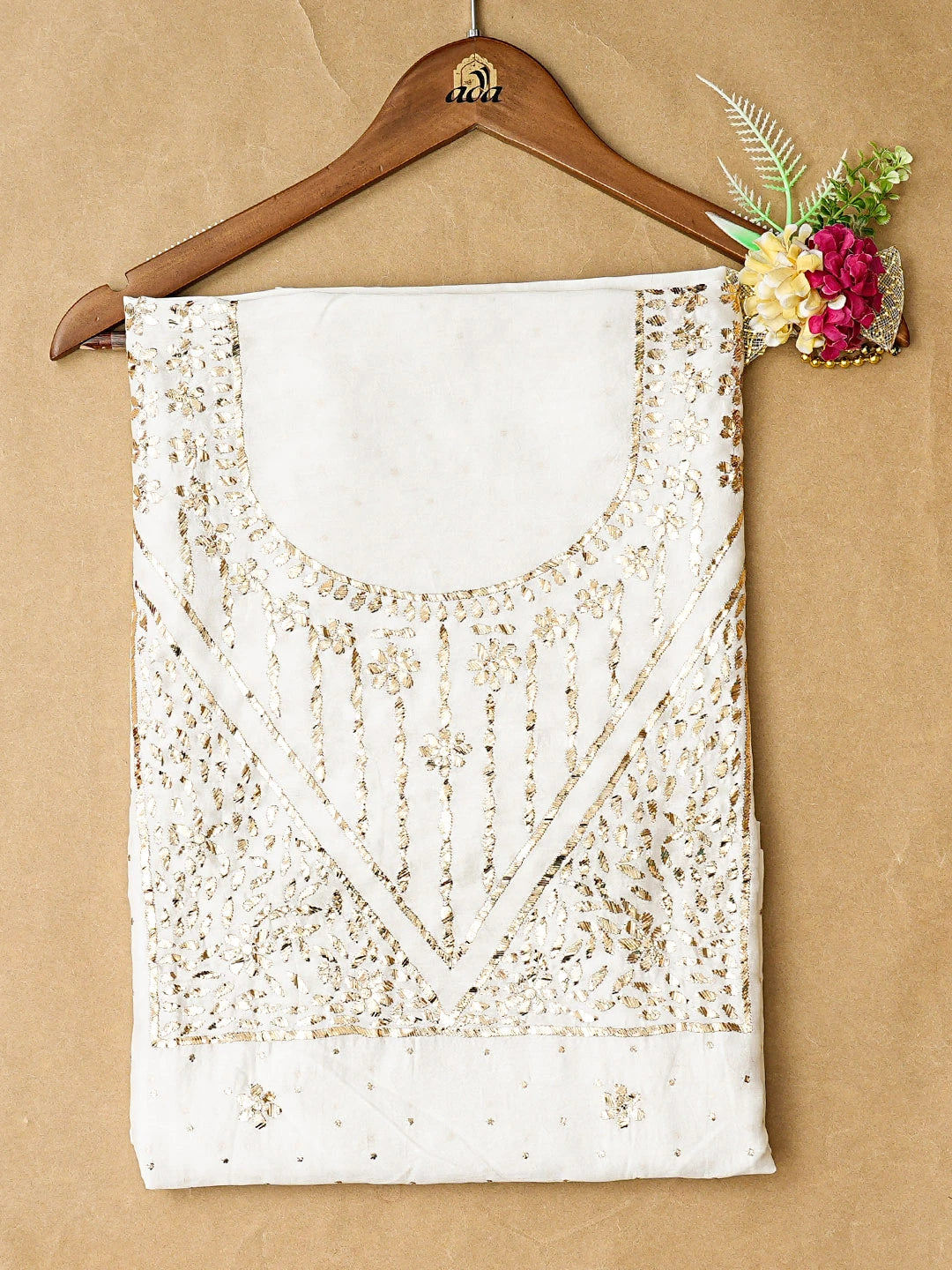 Ada Hand Embroidered White Chanderi Lucknowi Chikankari Unstitched Kurta Piece With Mukaish Work 01A40931