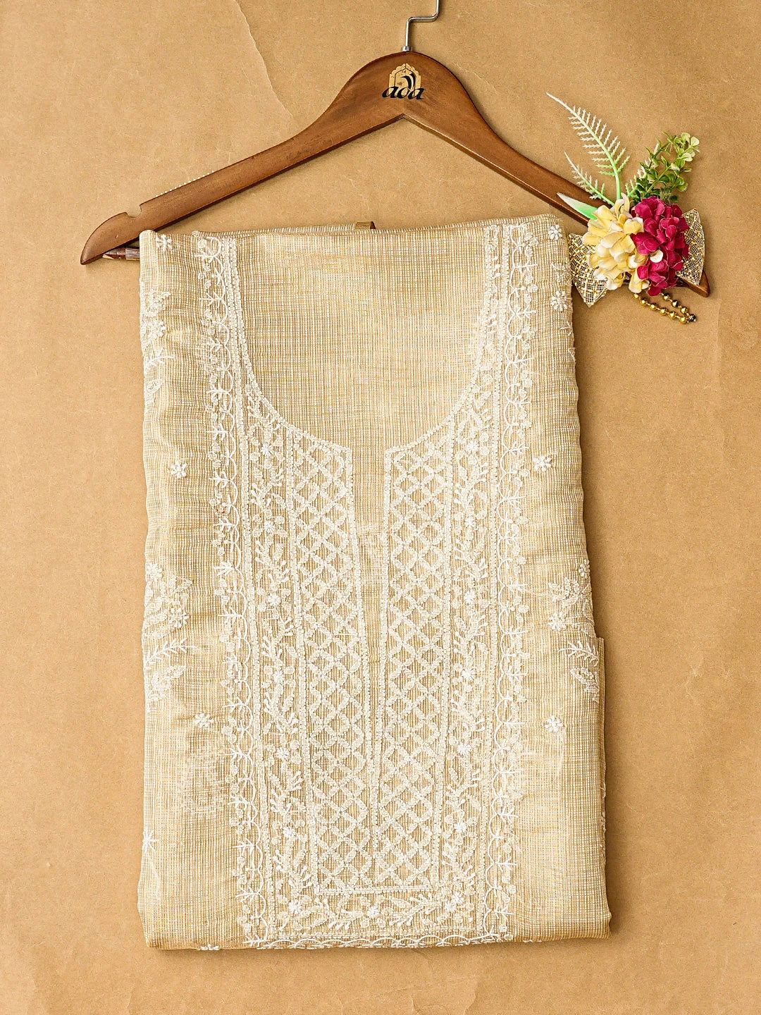 Ada Hand Embroidered Fawn Tissue Lucknowi Chikankari Unstitched Kurta Piece 01A783174