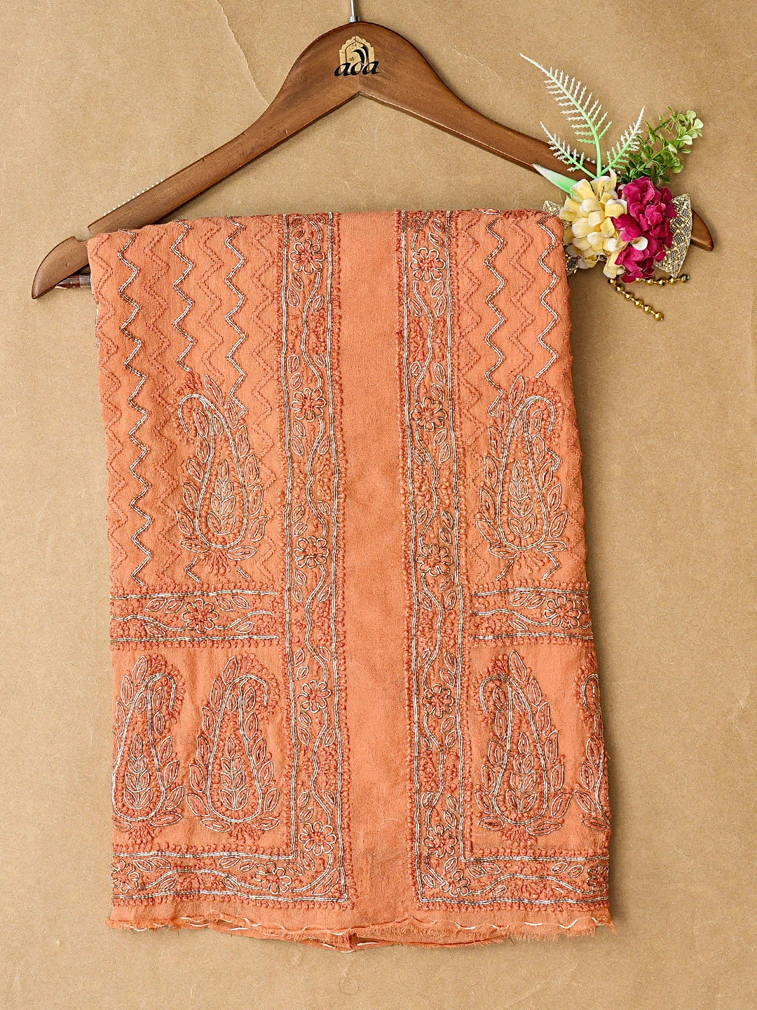 Ada Hand Embroidered Dark Peach Pure Georgette Lucknowi Chikankari Unstitched Kurta Piece With Zardozi Work A141628
