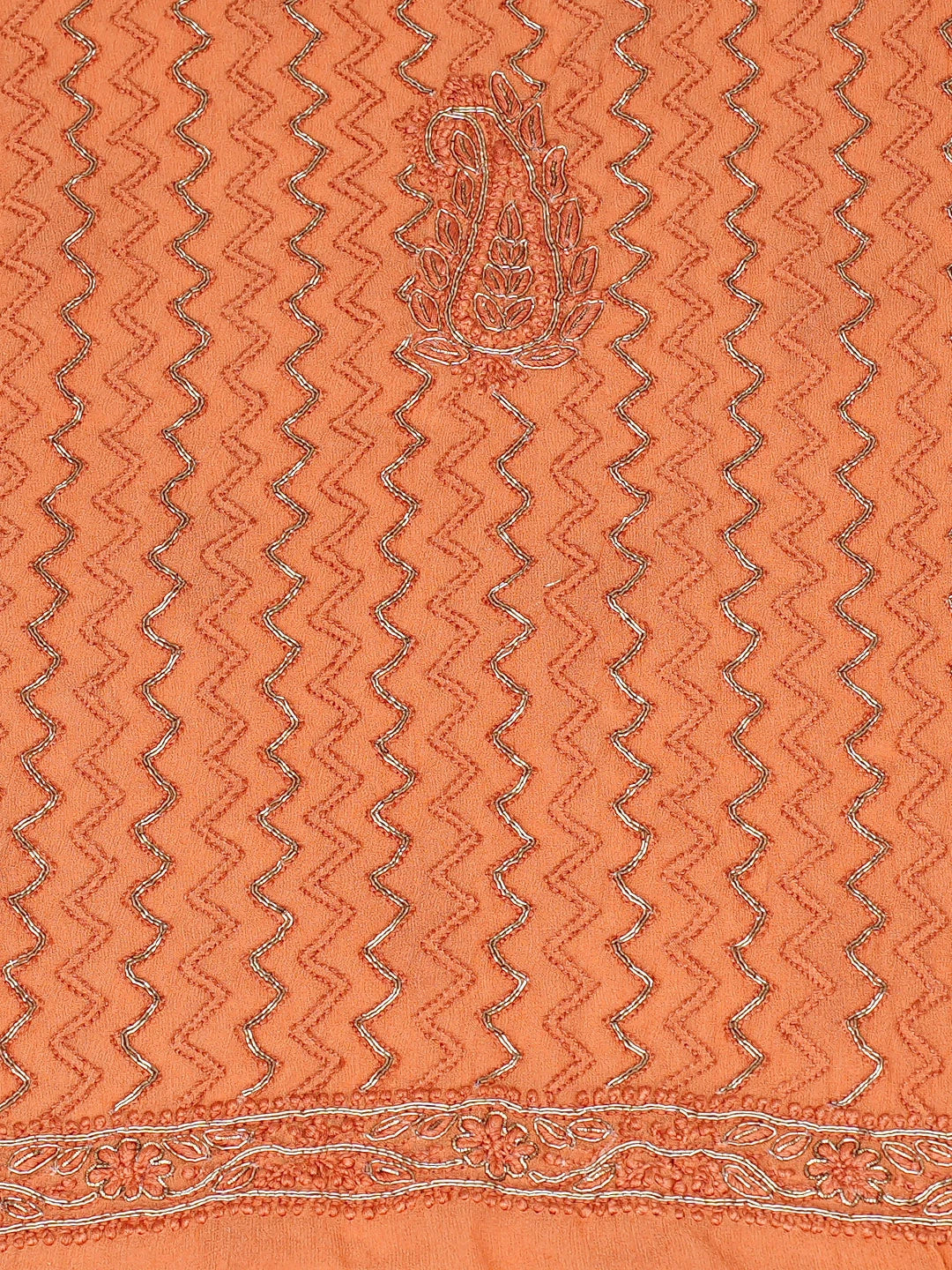 Ada Hand Embroidered Dark Peach Pure Georgette Lucknowi Chikankari Unstitched Kurta Piece With Zardozi Work A141628