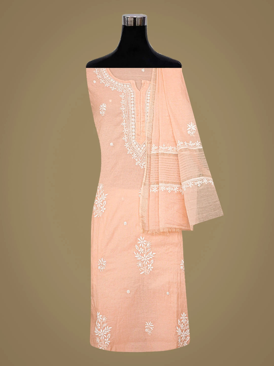 Ada Hand Embroidered Peach Chanderi Lucknowi Chikankari Semi-Stitched Kurta Dupatta Set 01A815302