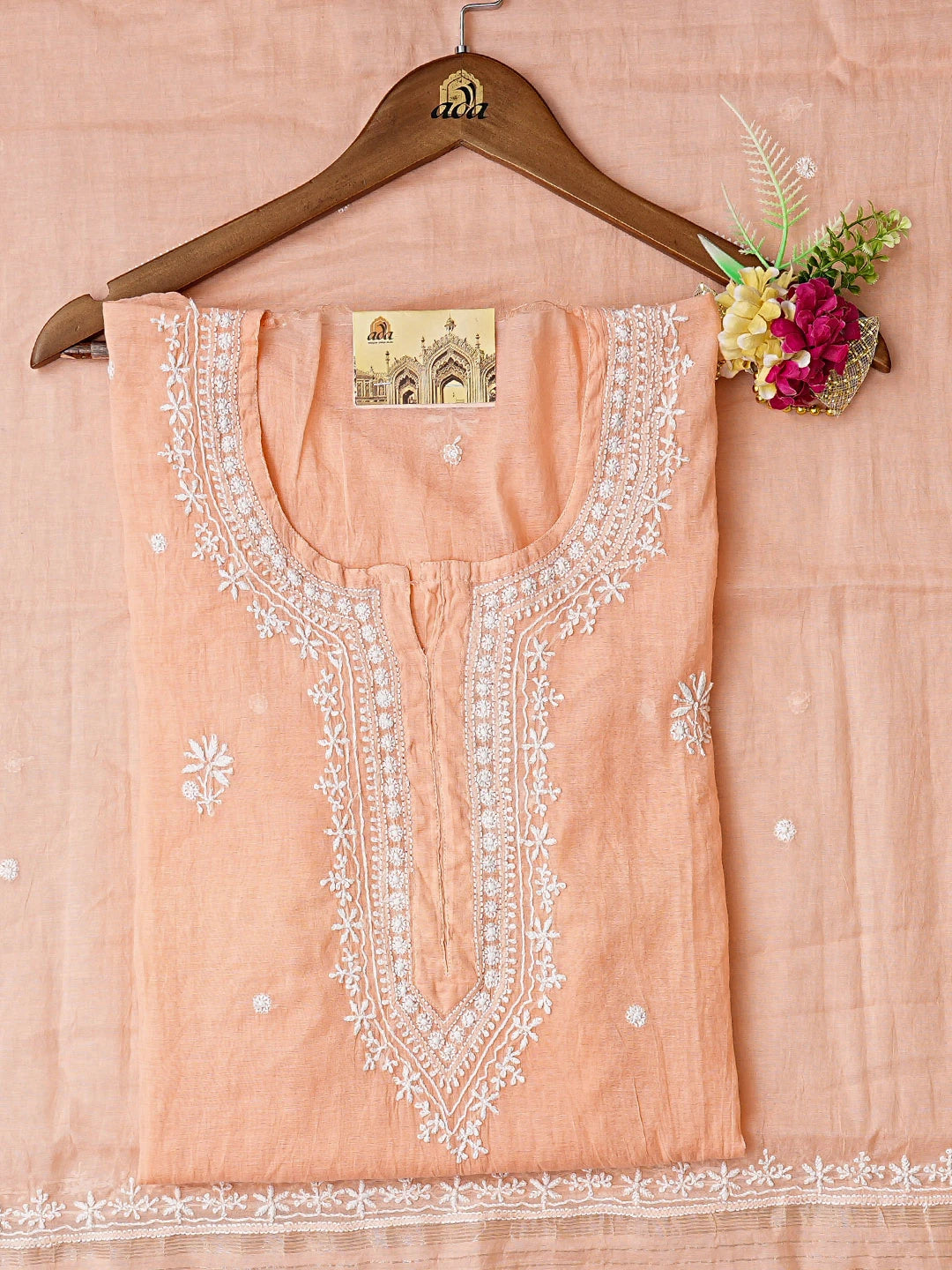 Ada Hand Embroidered Peach Chanderi Lucknowi Chikankari Semi-Stitched Kurta Dupatta Set 01A815302