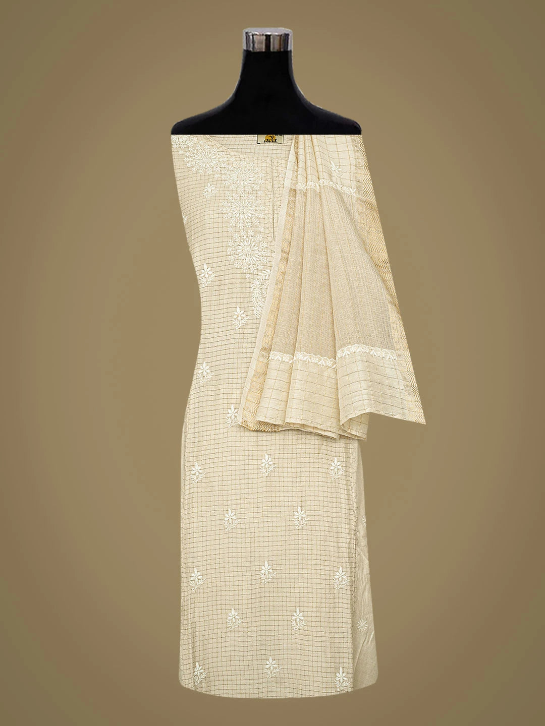 Ada Hand Embroidered Fawn Moonga Silk Lucknowi Chikankari Semi-Stitched Kurta Dupatta Set 01A853385