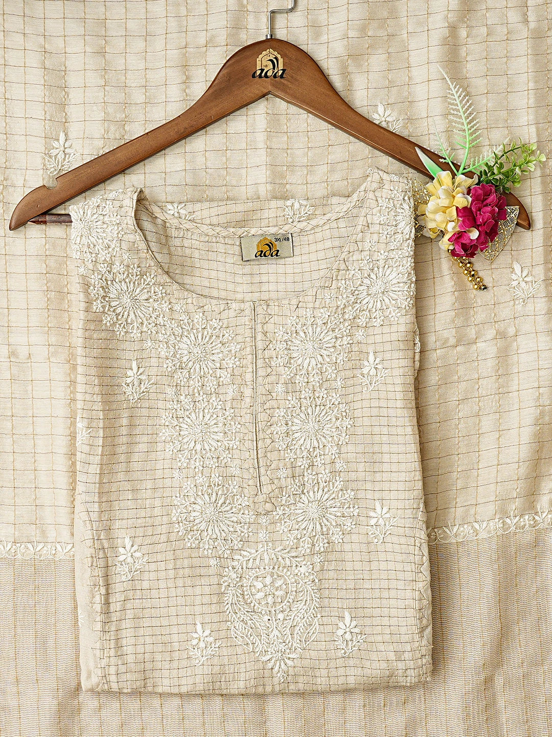 Ada Hand Embroidered Fawn Moonga Silk Lucknowi Chikankari Semi-Stitched Kurta Dupatta Set 01A853385