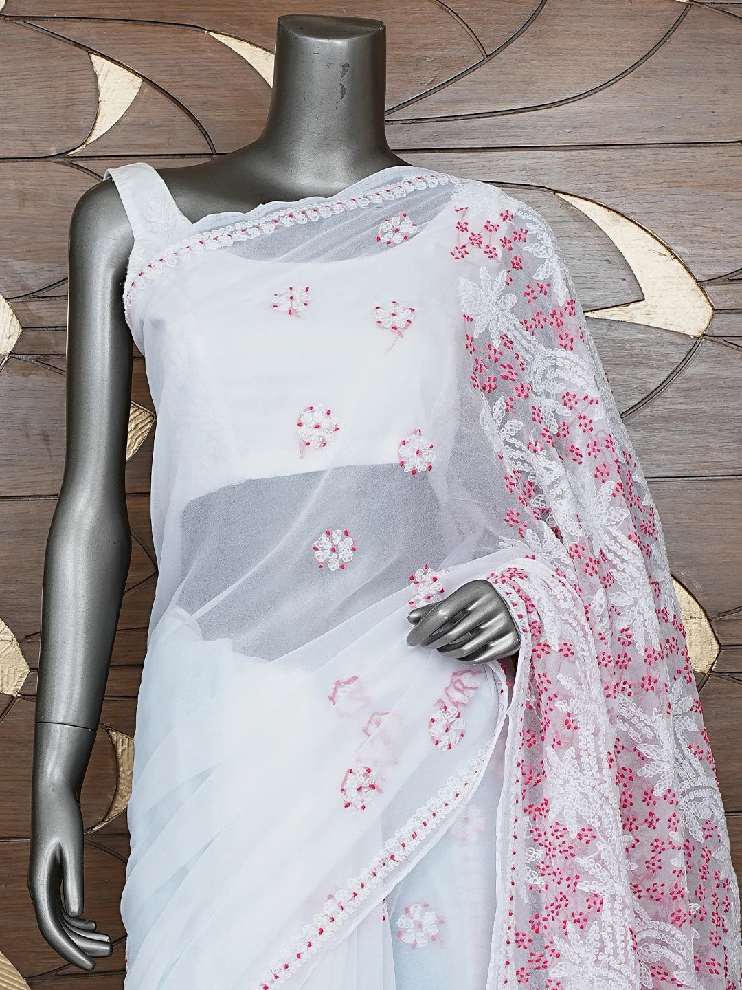 Ada Hand Embroidered White Georgette Lucknowi Chikankari Saree With Blouse 01A853689