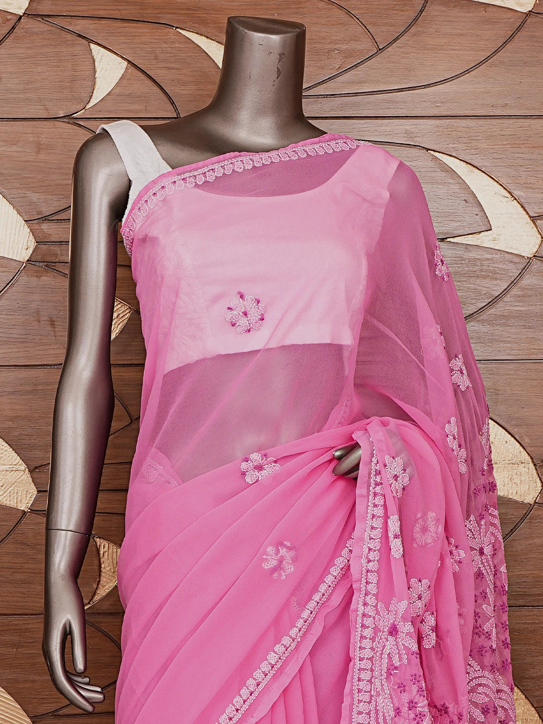 Ada Hand Embroidered Pink Georgette Lucknowi Chikankari Saree With Blouse 01A853704