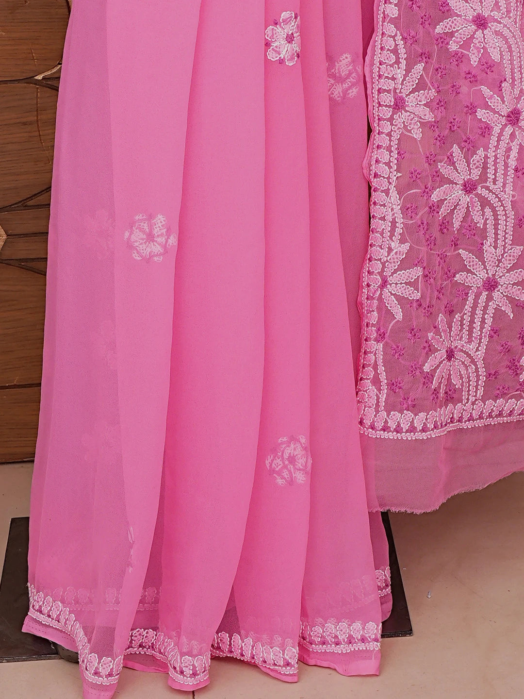 Ada Hand Embroidered Pink Georgette Lucknowi Chikankari Saree With Blouse 01A853704