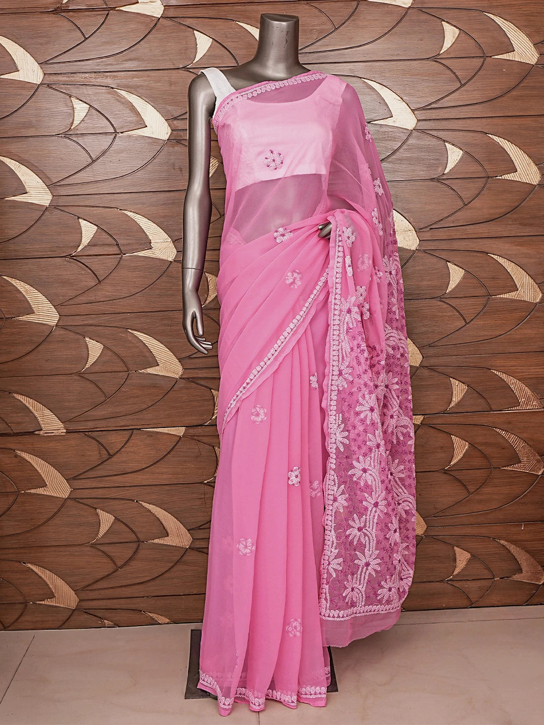 Ada Hand Embroidered Pink Georgette Lucknowi Chikankari Saree With Blouse 01A853704