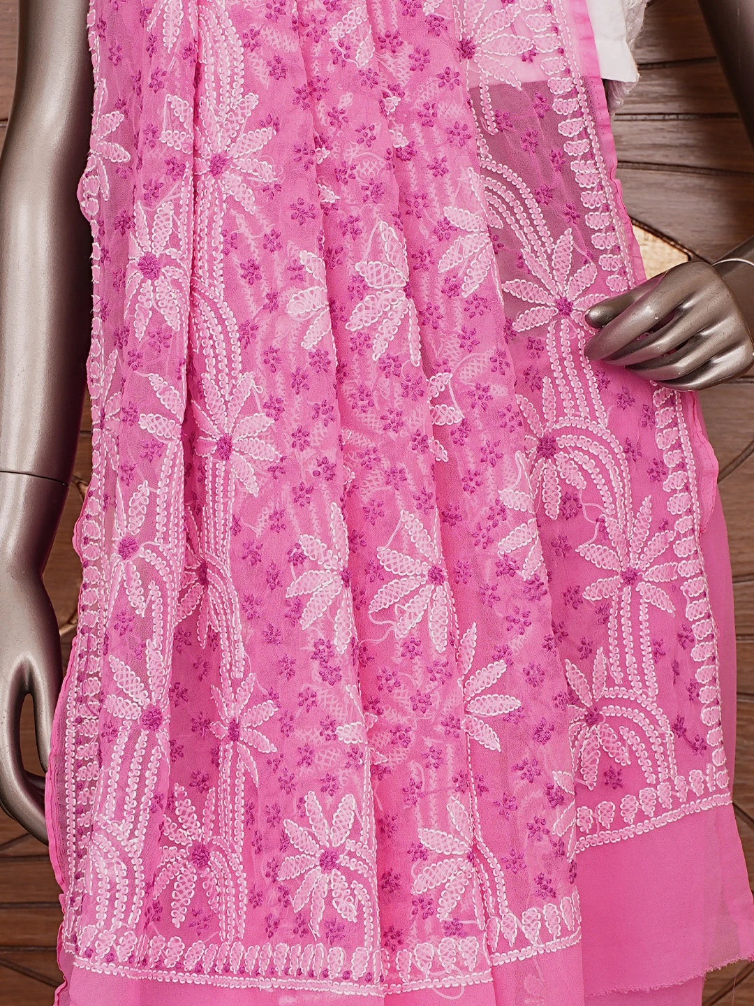 Ada Hand Embroidered Pink Georgette Lucknowi Chikankari Saree With Blouse 01A853704