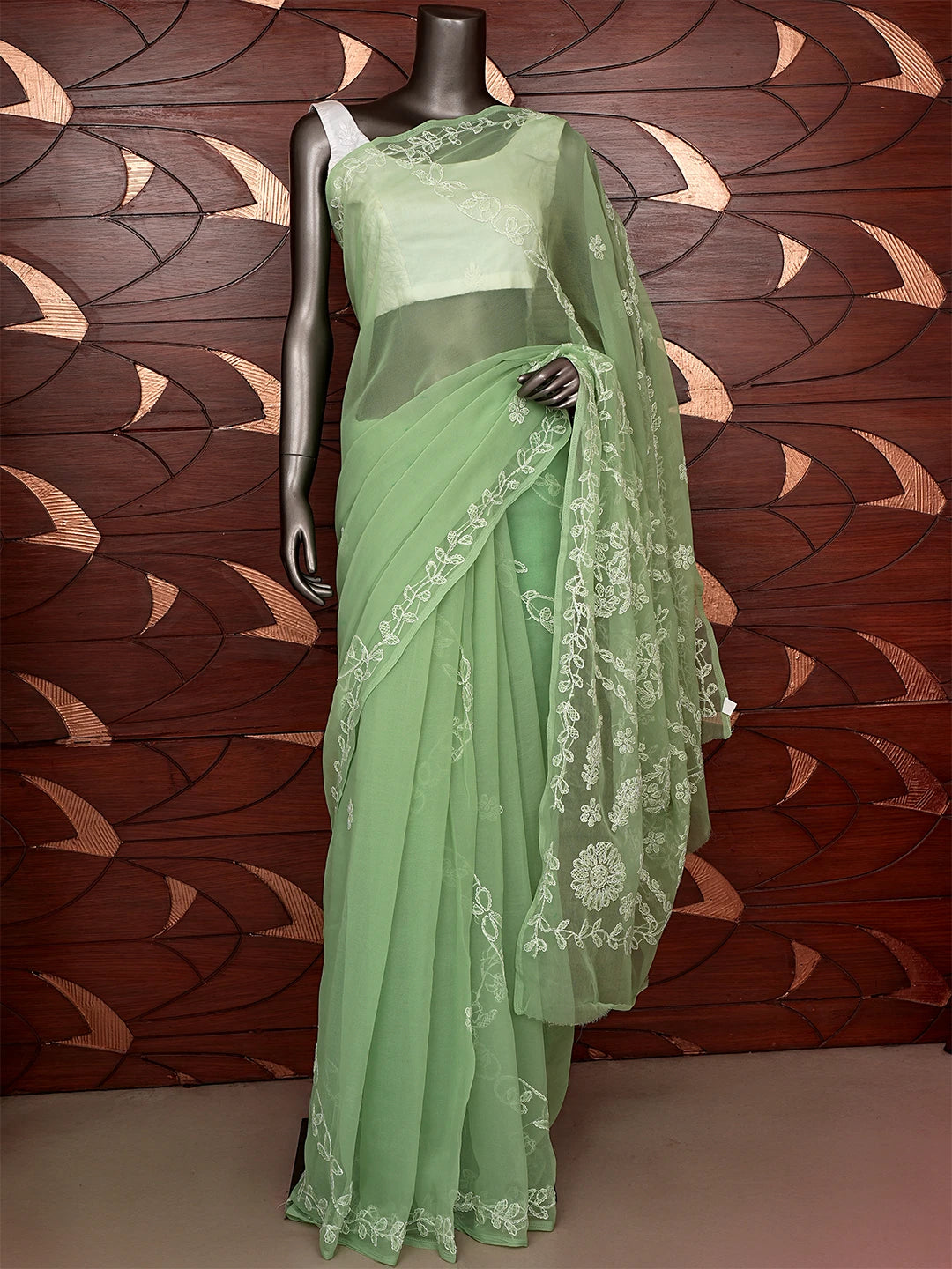 Ada Hand Embroidered Grass Green Georgette Lucknowi Chikankari Saree With Blouse 01A853811