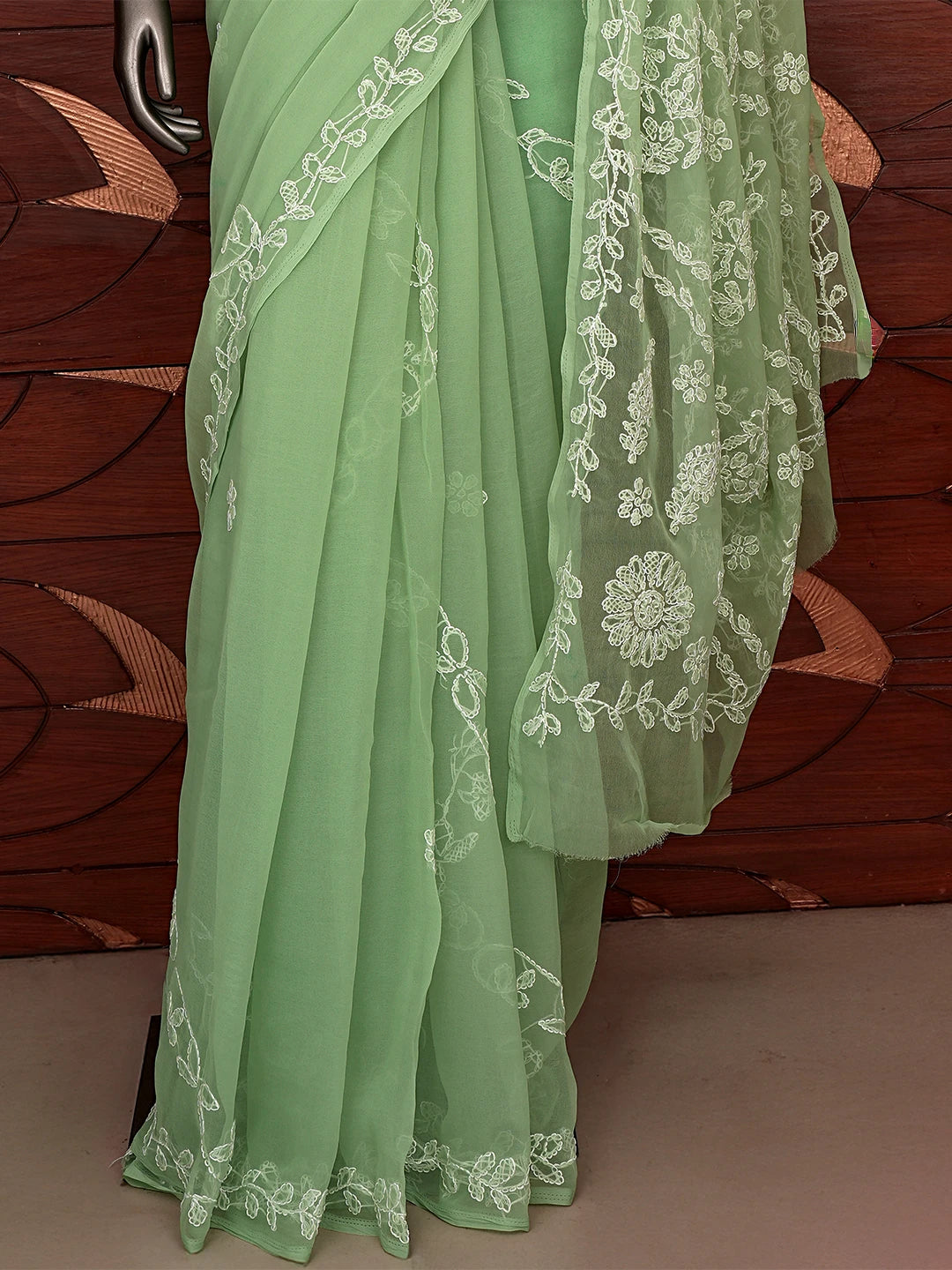 Ada Hand Embroidered Grass Green Georgette Lucknowi Chikankari Saree With Blouse 01A853811