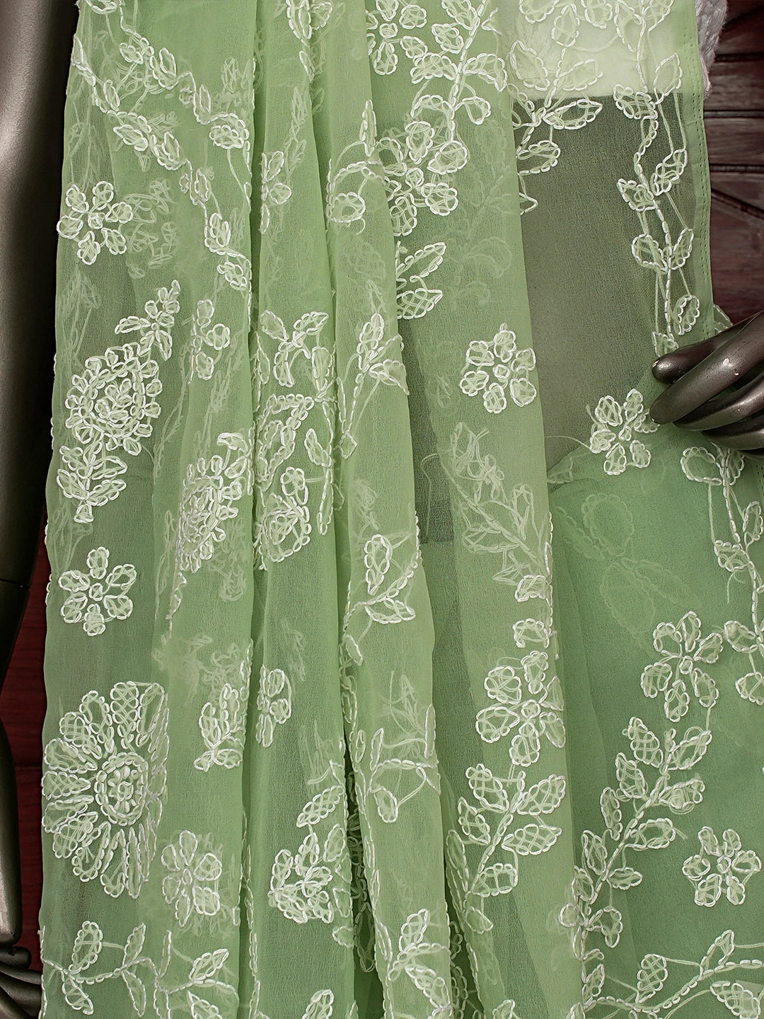 Ada Hand Embroidered Grass Green Georgette Lucknowi Chikankari Saree With Blouse 01A853811