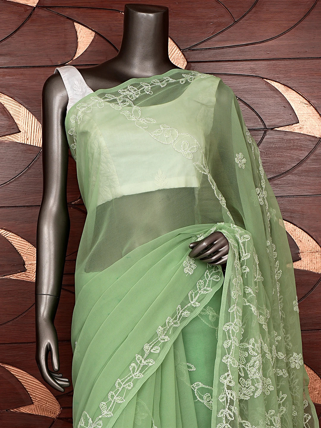 Ada Hand Embroidered Grass Green Georgette Lucknowi Chikankari Saree With Blouse 01A853811